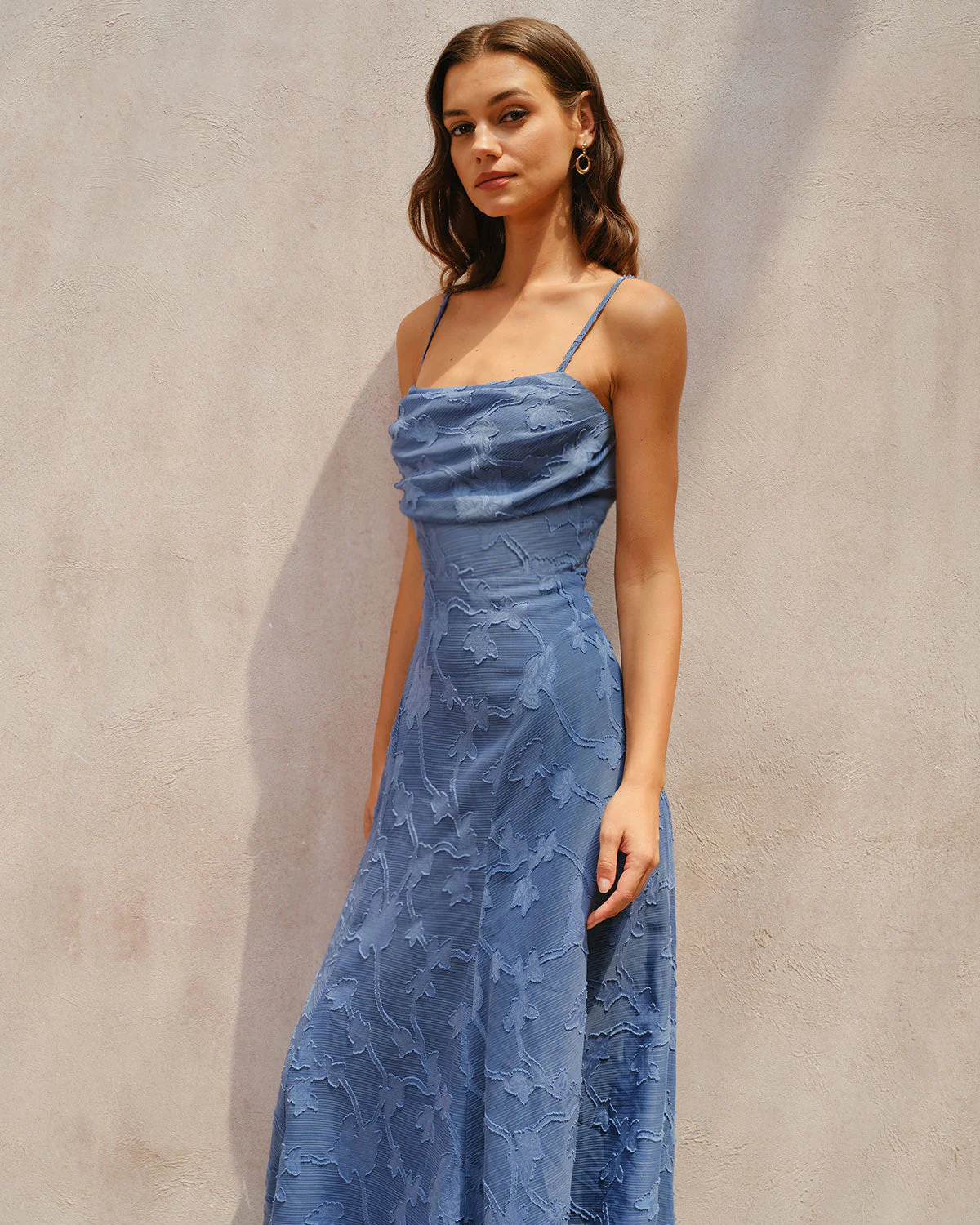 Blue Jacquard Ruched Slip Maxi Dress - Image 2