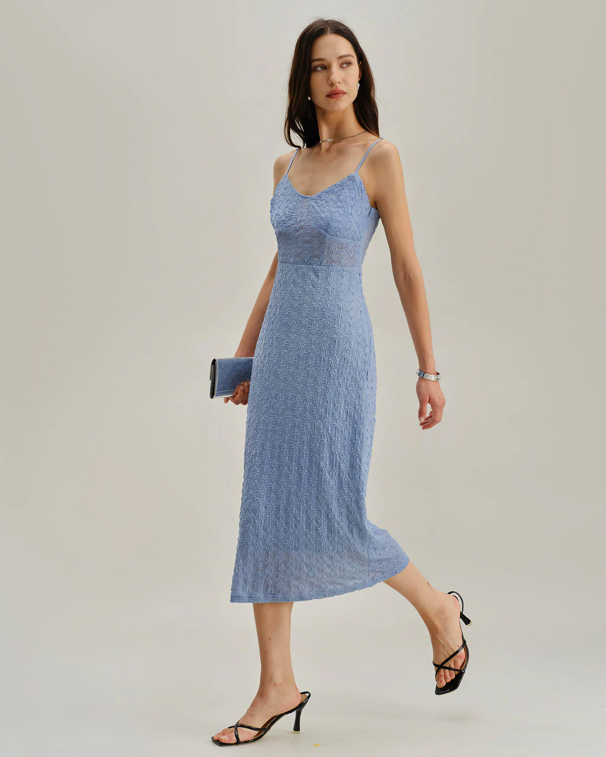 Blue Lace Slip Bodycon Midi Dress - Image 3