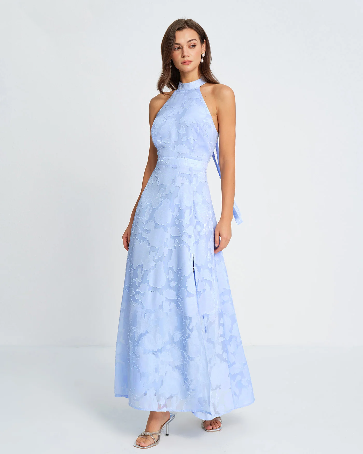 Blue Mock Neck Jacquard Maxi Dress - Image 3