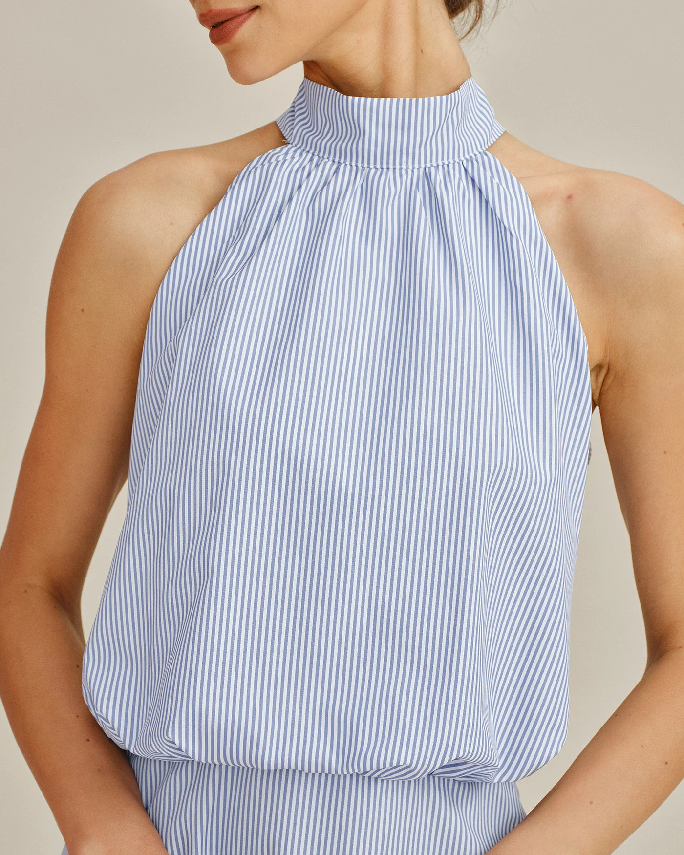 Blue Mock Neck Tie Striped Mini Dress - Image 2