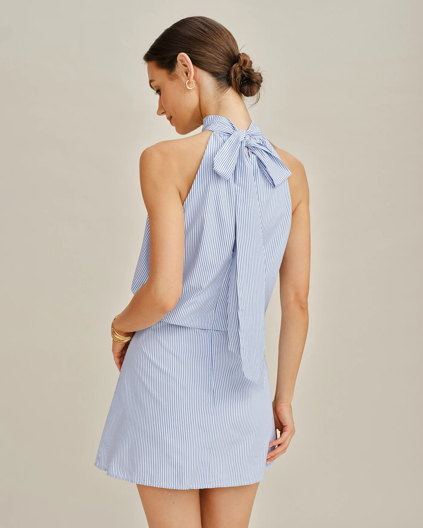 Blue Mock Neck Tie Striped Mini Dress - Image 3