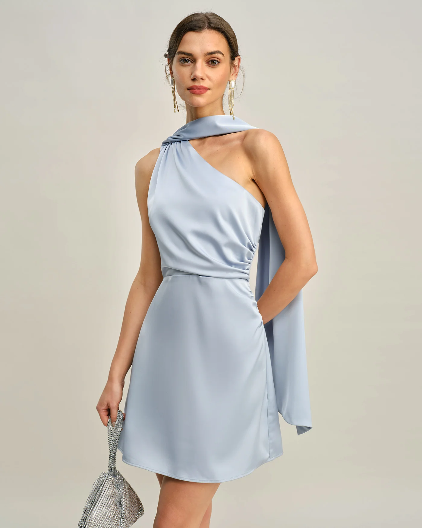 Blue One Shoulder Satin Mini Dress - Image 2
