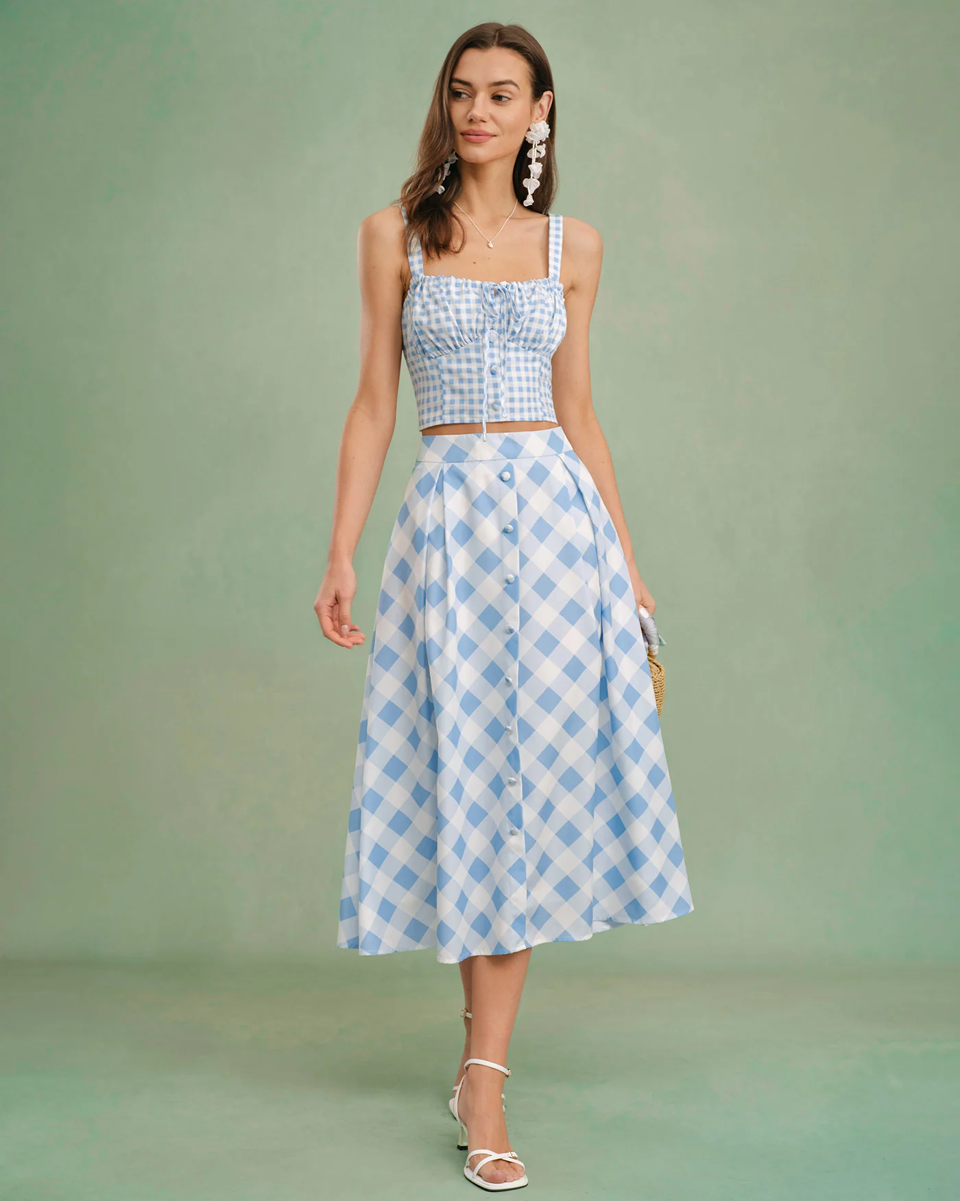 Blue Plaid Button Midi Skirt - Image 10