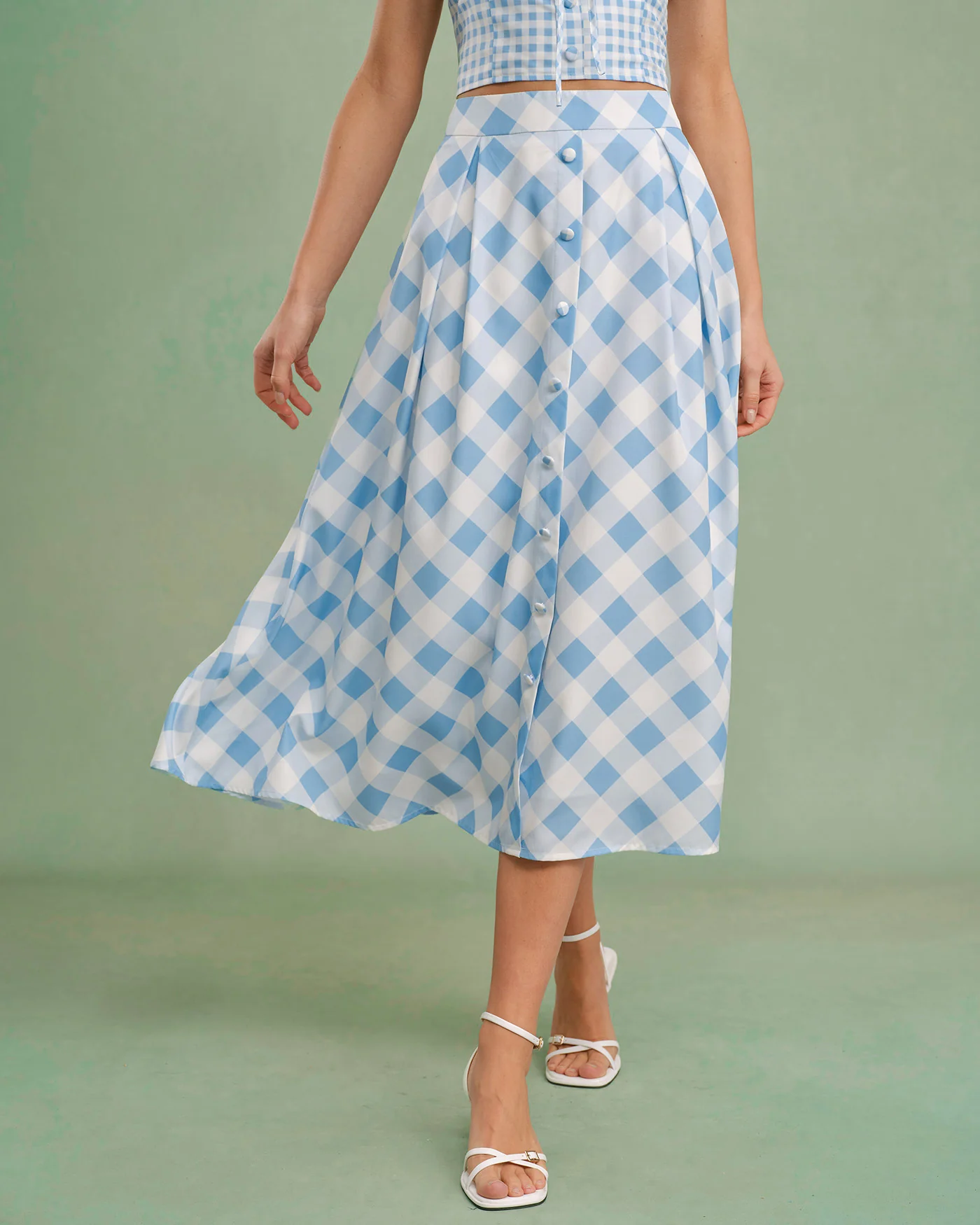 Blue Plaid Button Midi Skirt - Image 6