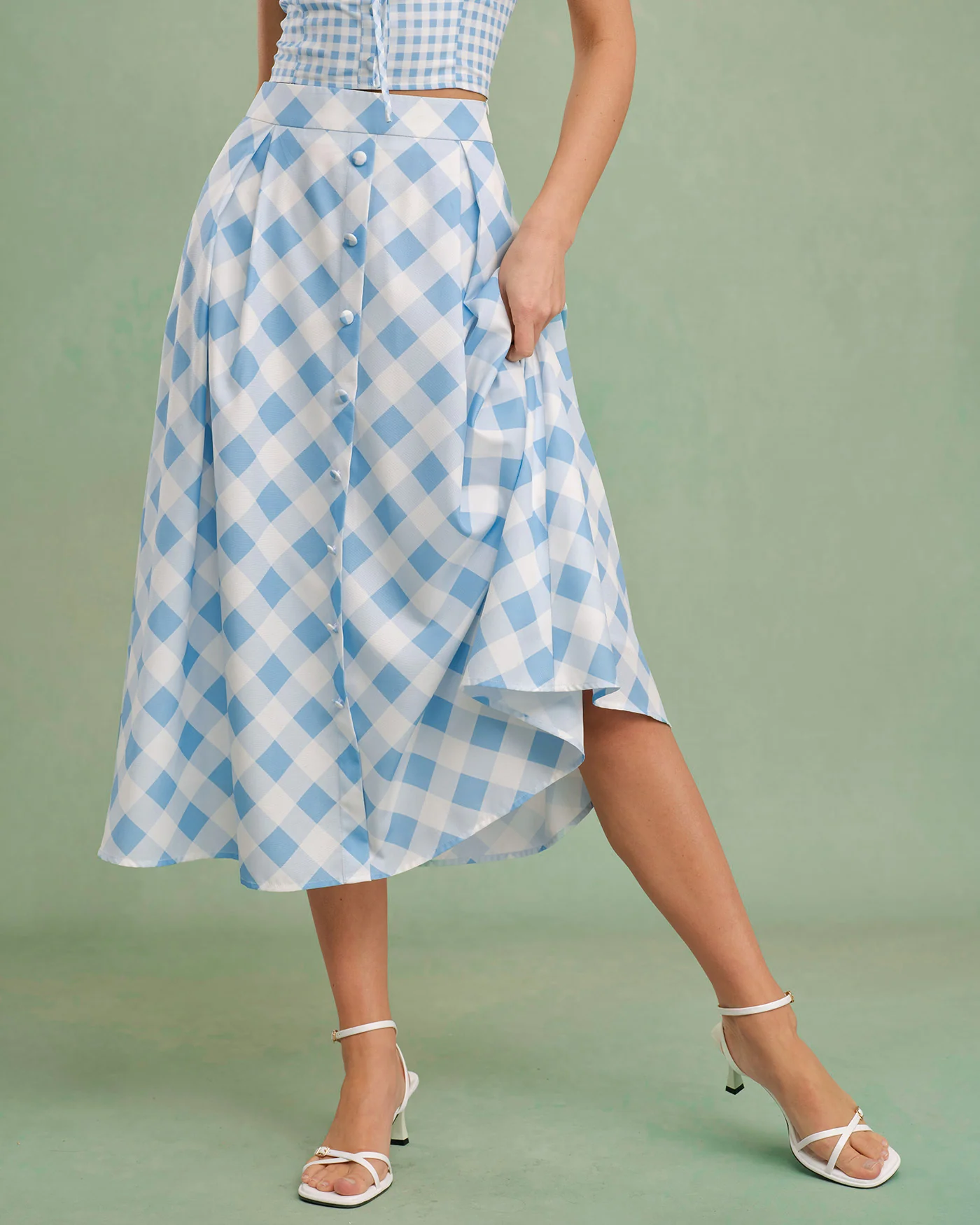 Blue Plaid Button Midi Skirt - Image 7