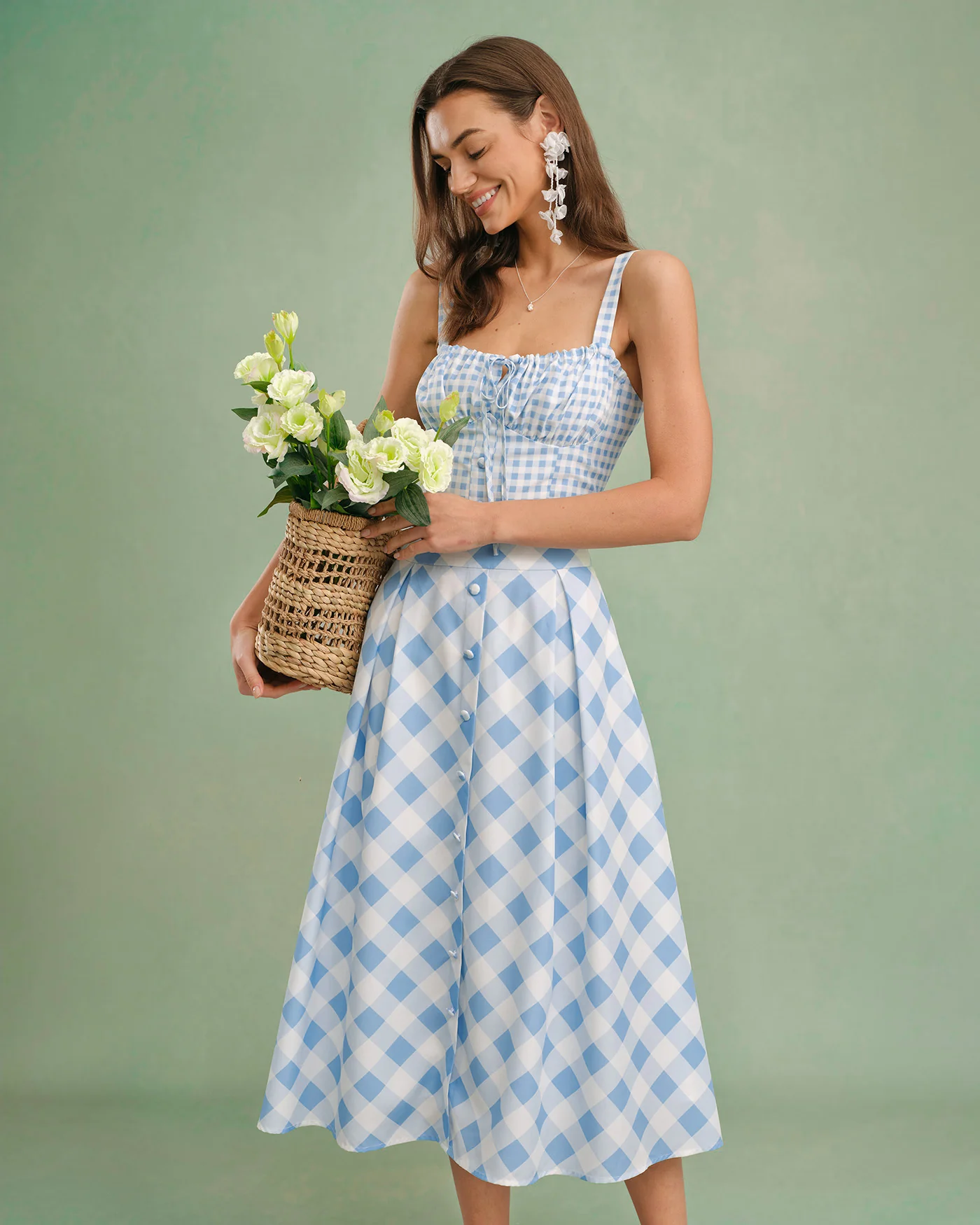 Blue Plaid Button Midi Skirt - Image 9