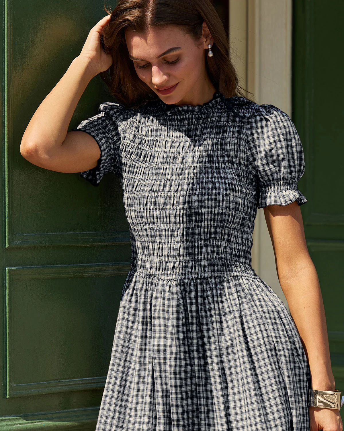 Blue Gingham Puffed Sleeve Midi Dress - Image 2