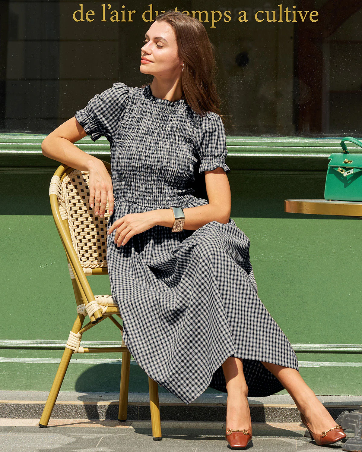 Blue Gingham Puffed Sleeve Midi Dress - Image 3