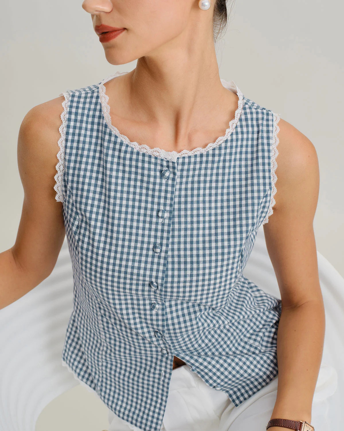Blue Plaid Sleeveless Tank Top - Image 2