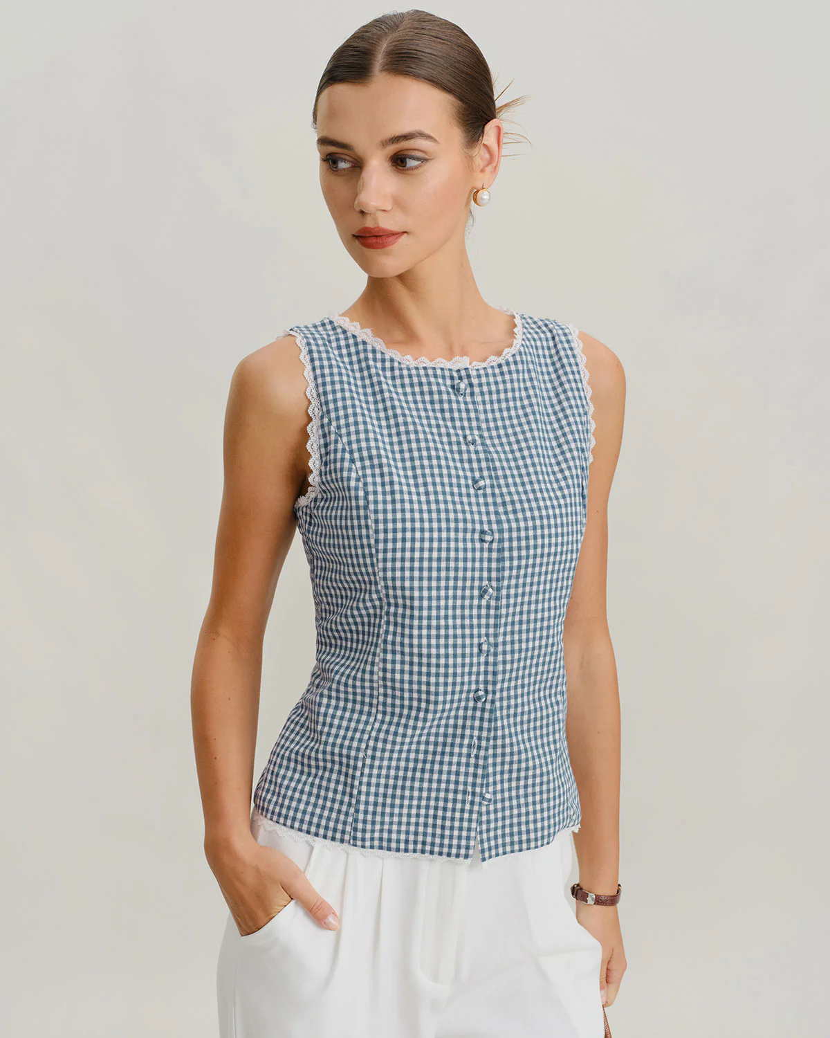 Blue Plaid Sleeveless Tank Top - Image 3