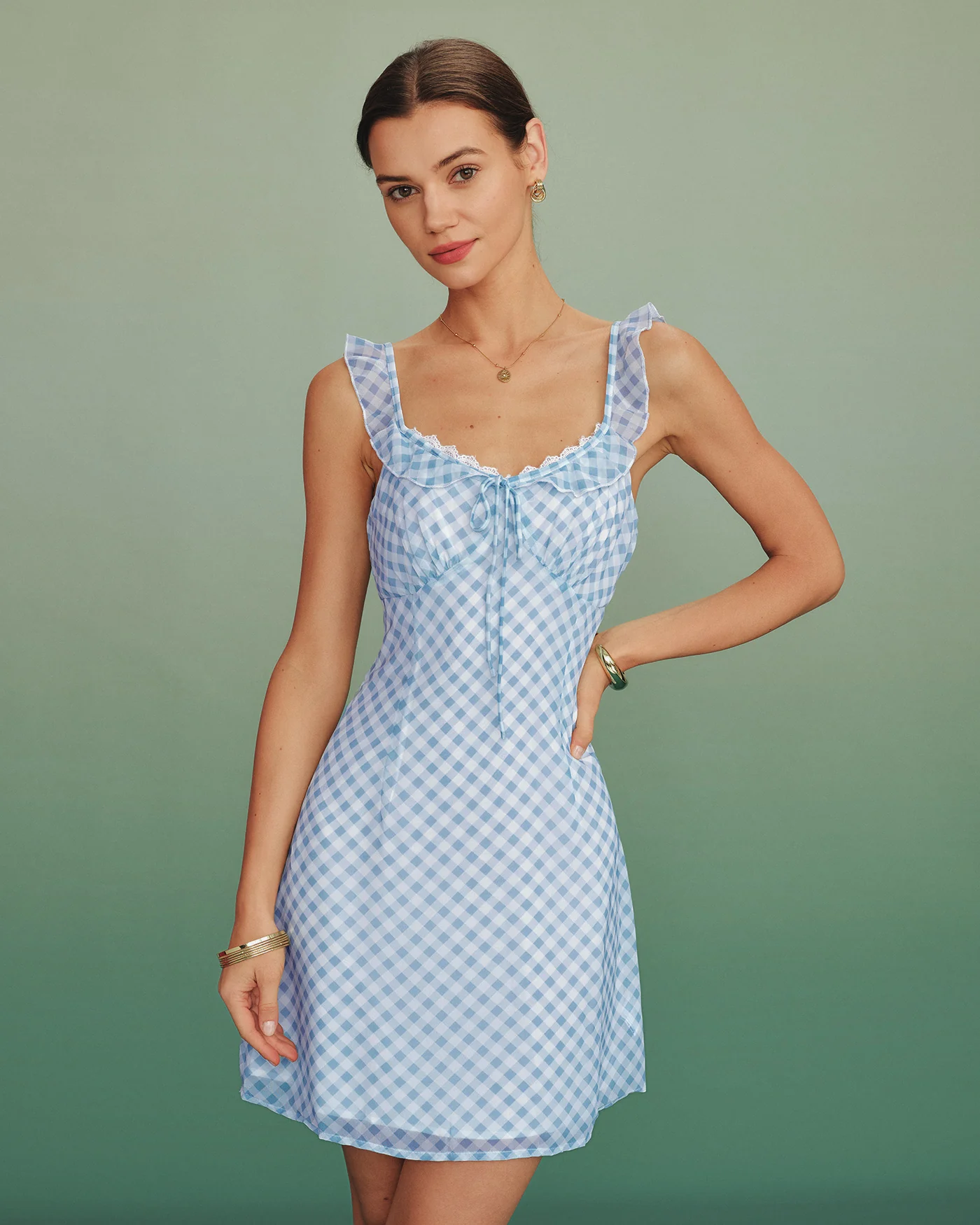 Blue Plaid Splicing Slip Mini Dress - Image 3