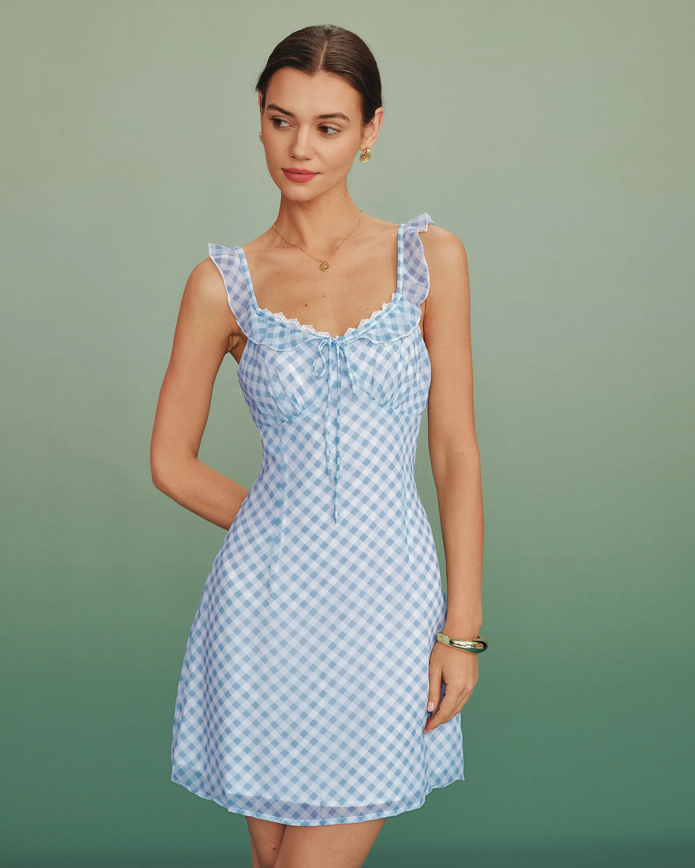Blue Plaid Splicing Slip Mini Dress - Image 5