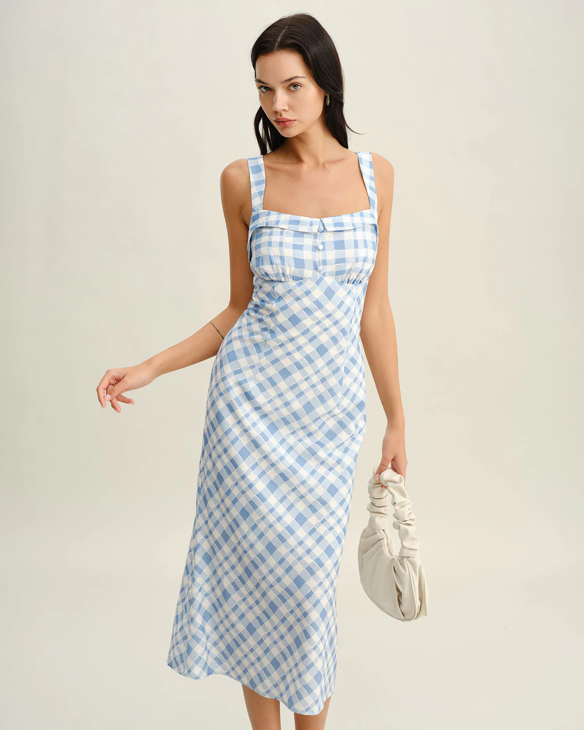Blue Plaid Square Neck Slip Midi Dress - Image 4