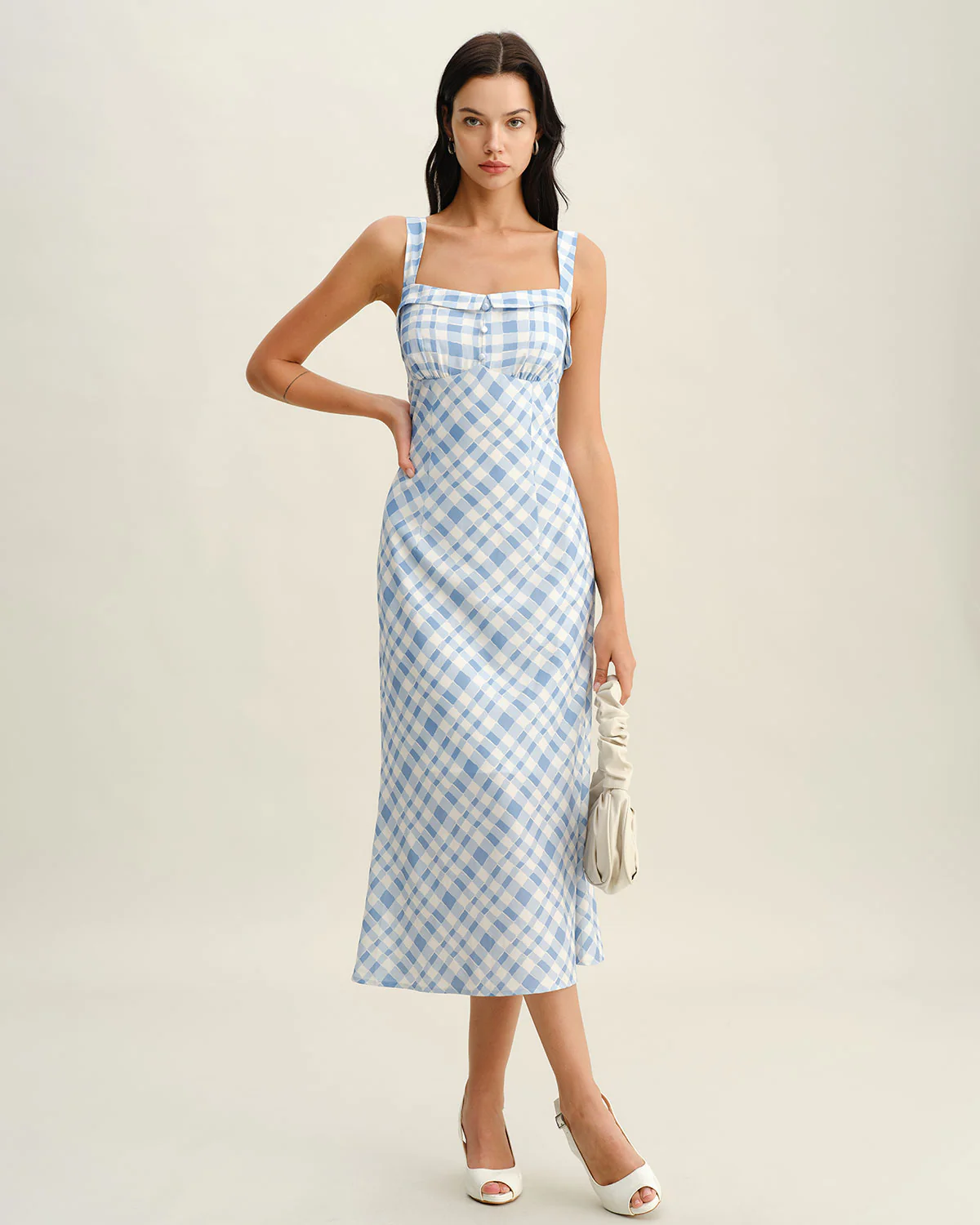 Blue Plaid Square Neck Slip Midi Dress - Image 5