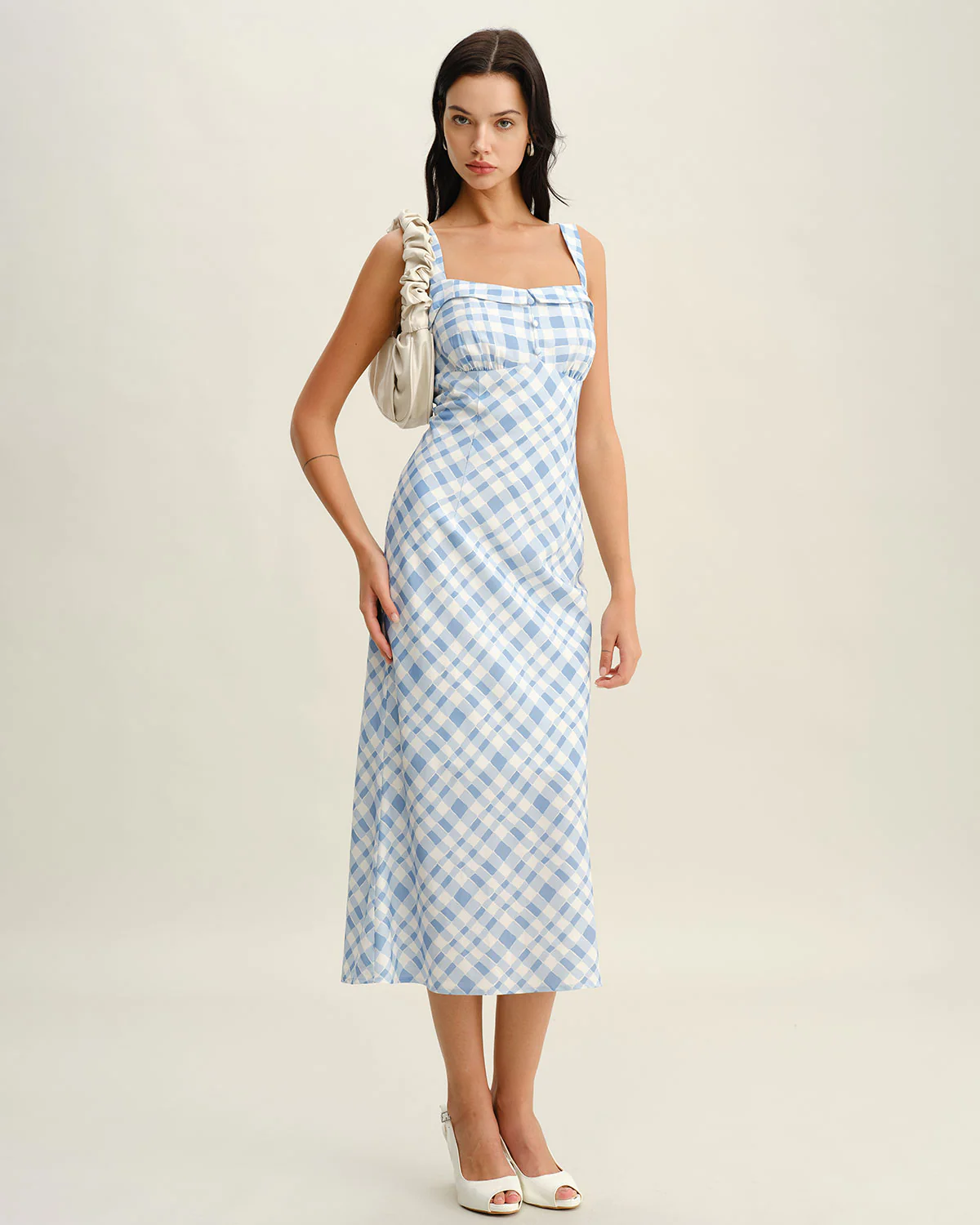Blue Plaid Square Neck Slip Midi Dress - Image 6