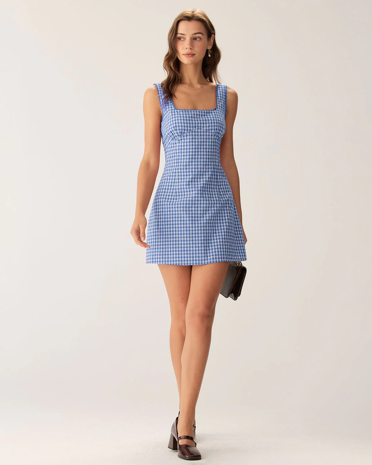 Blue Plaid Square Neck Slip Mini Dress - Image 4