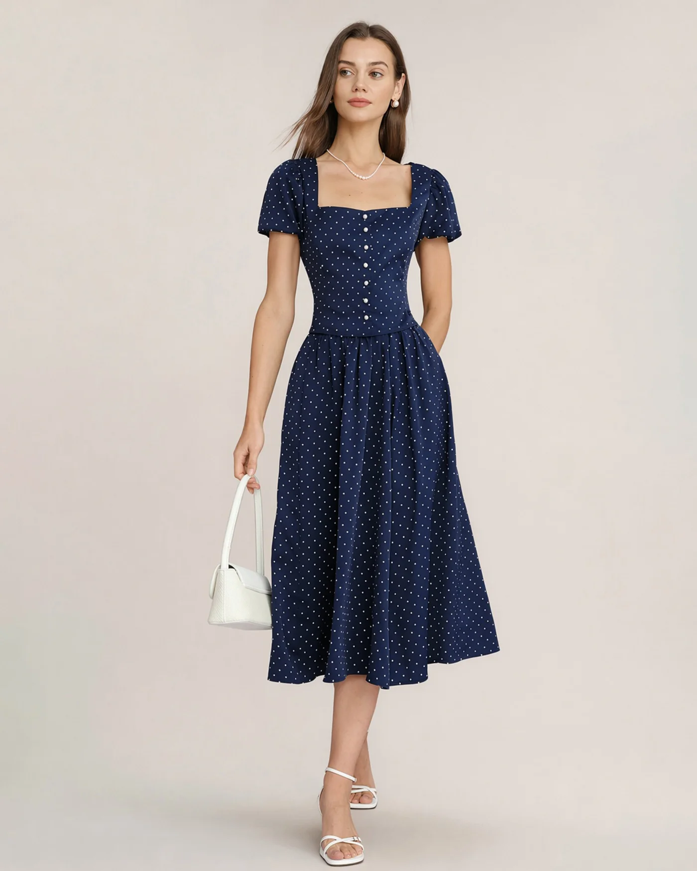 Blue Polka Dot Pockets Midi Skirt - Image 3