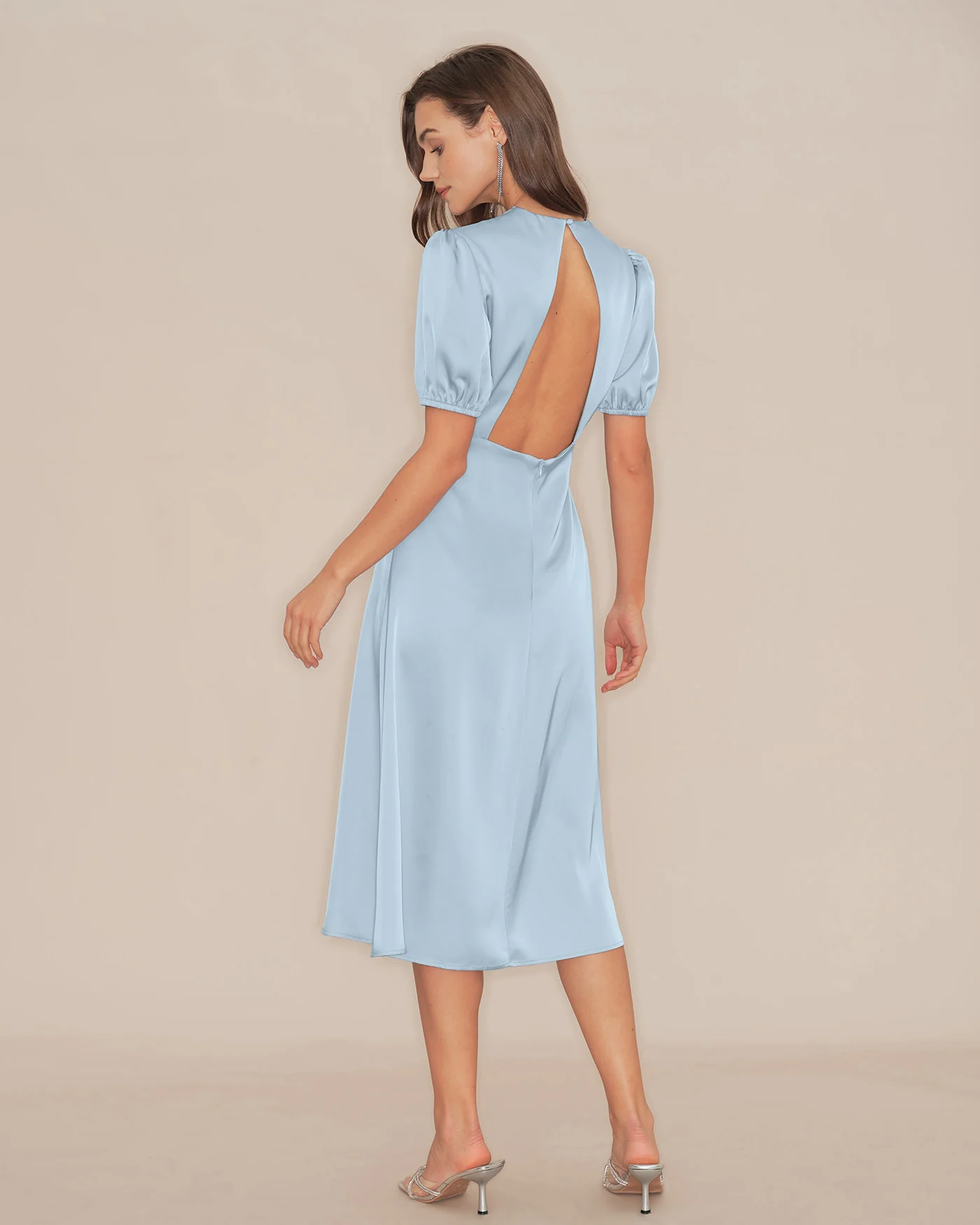 Blue Puffed Sleeve Backless Satin Midi Dress - Image 4
