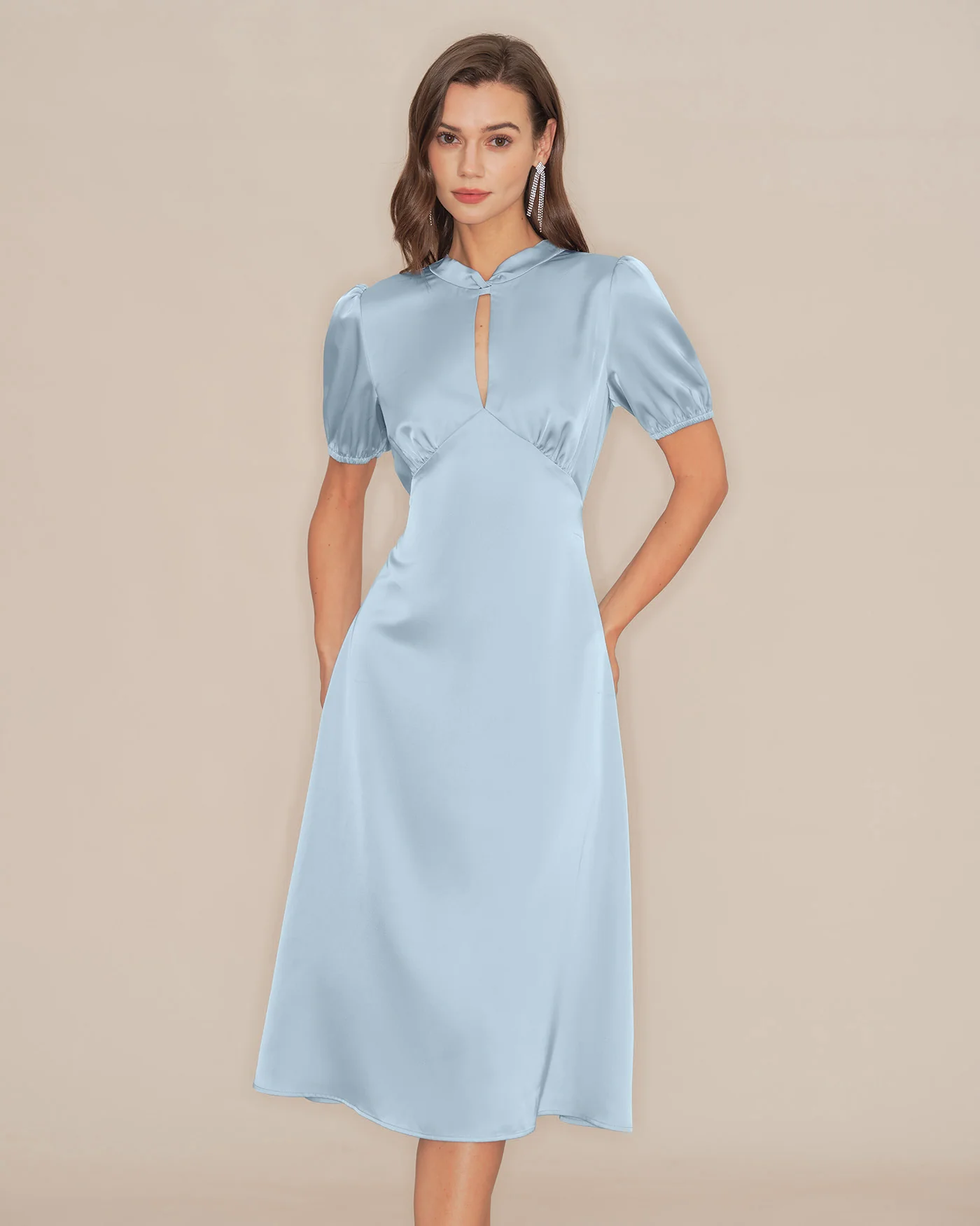 Blue Puffed Sleeve Backless Satin Midi Dress - Image 6