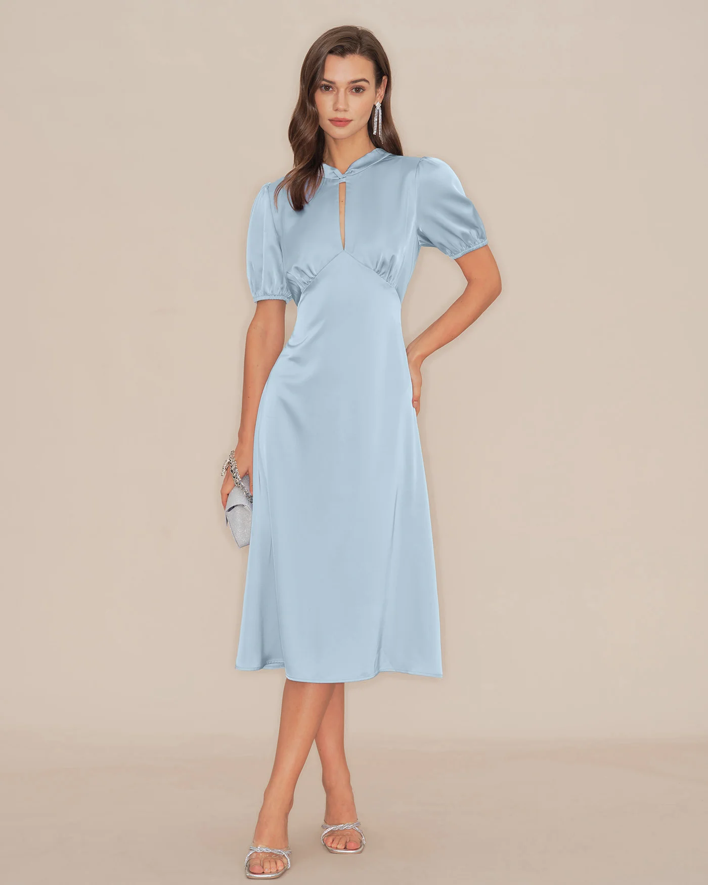 Blue Puffed Sleeve Backless Satin Midi Dress - Image 7