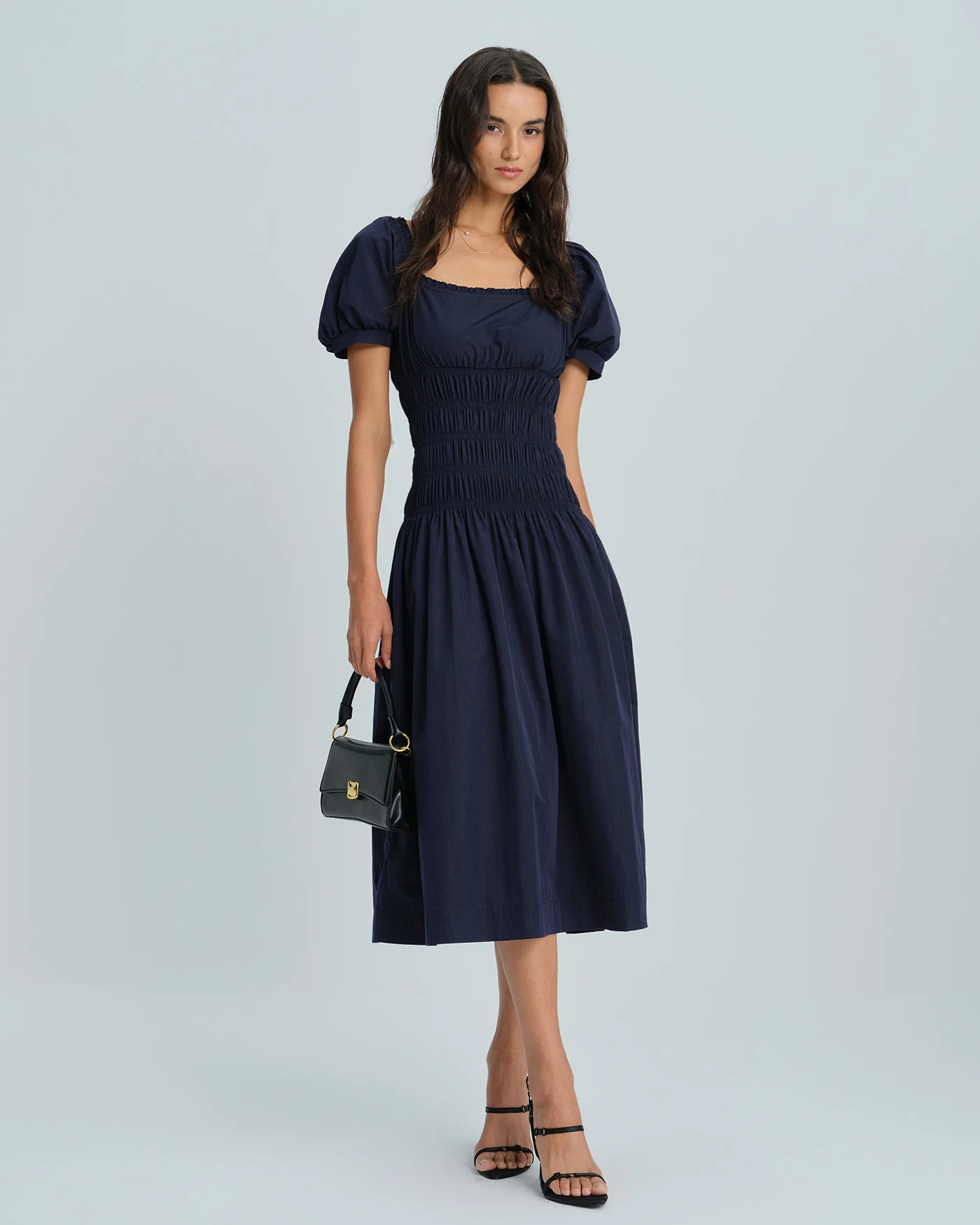 Blue Puffed Sleeve Shirred Midi Dress - Image 3