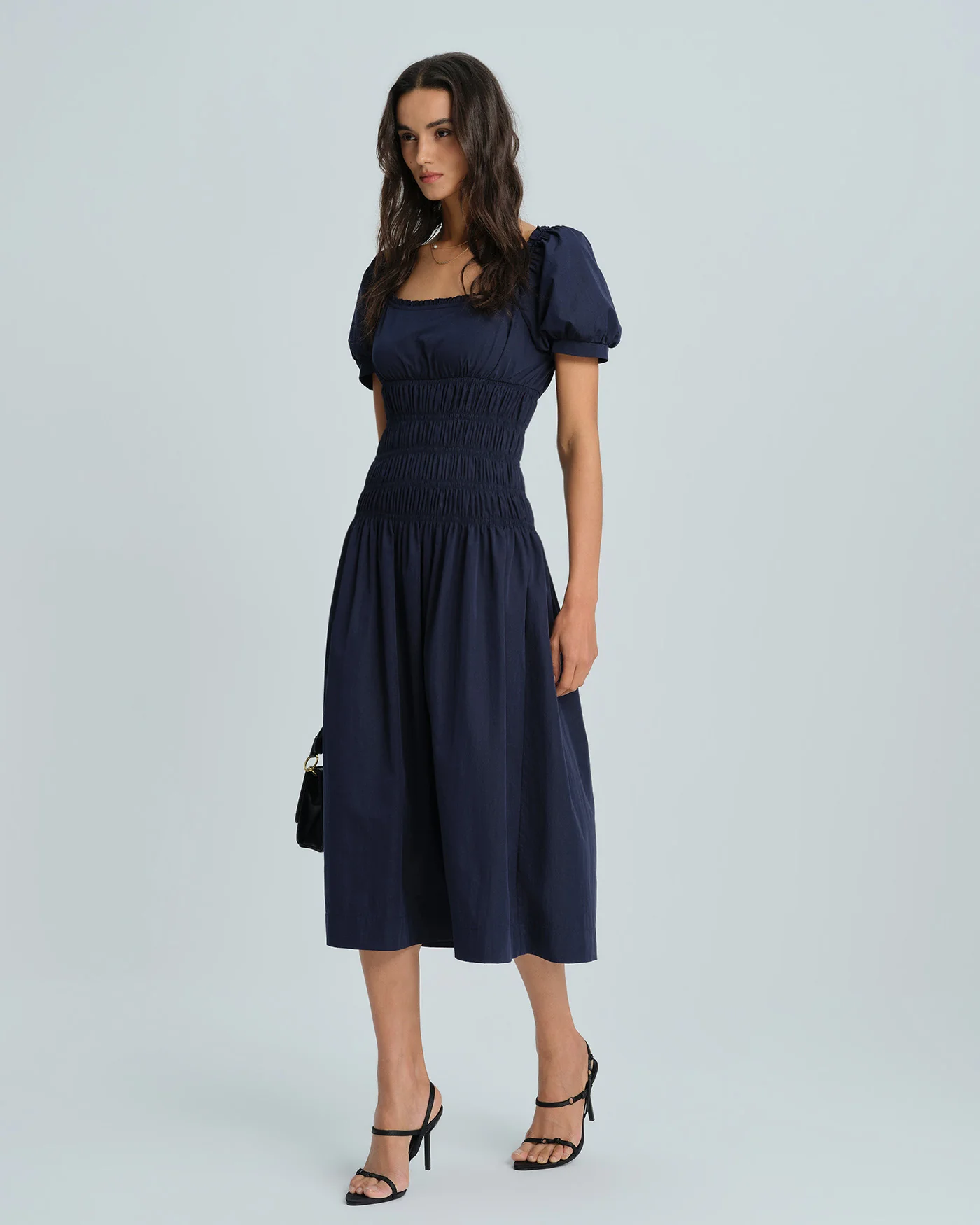Blue Puffed Sleeve Shirred Midi Dress - Image 4