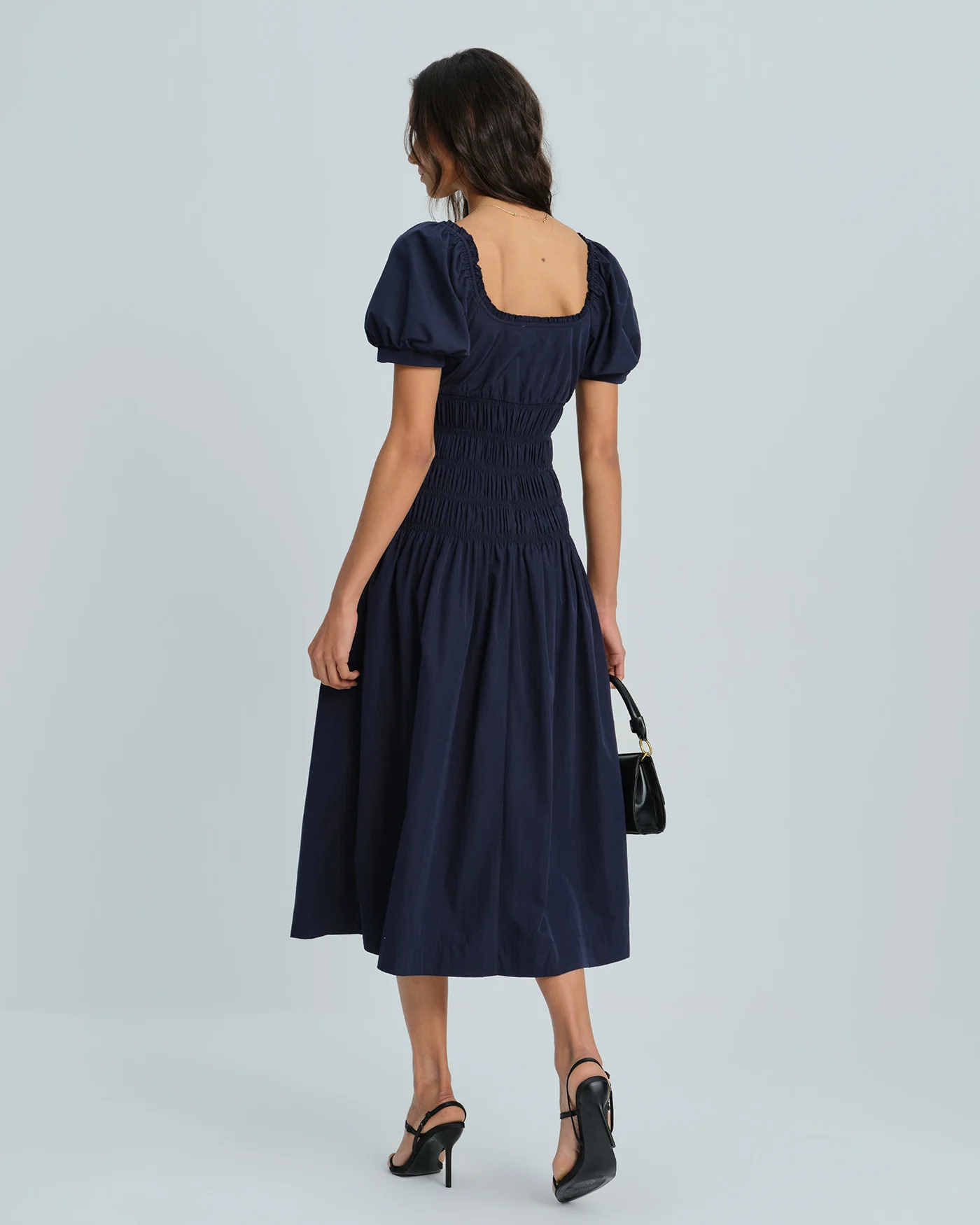 Blue Puffed Sleeve Shirred Midi Dress - Image 5