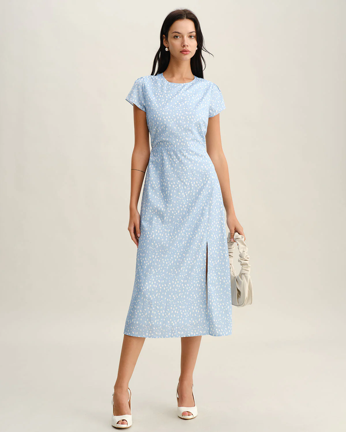 Blue Round Neck Button Slit Midi Dress - Image 3