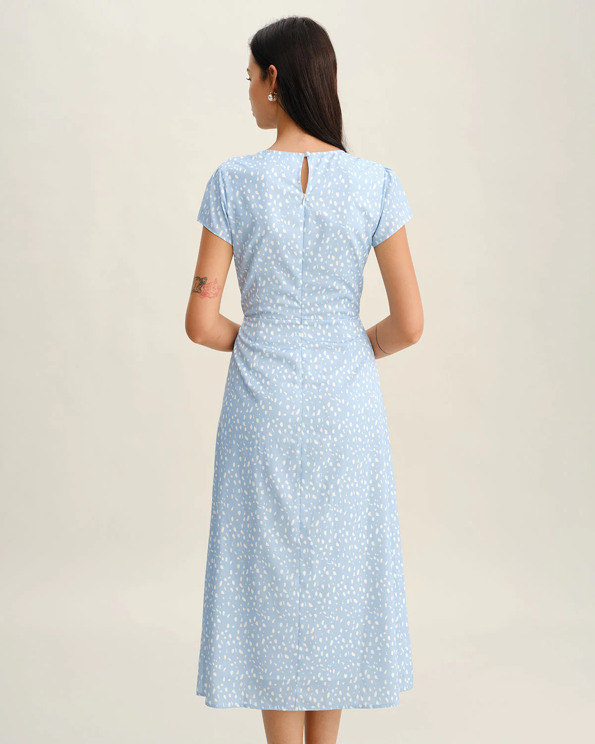 Blue Round Neck Button Slit Midi Dress - Image 4