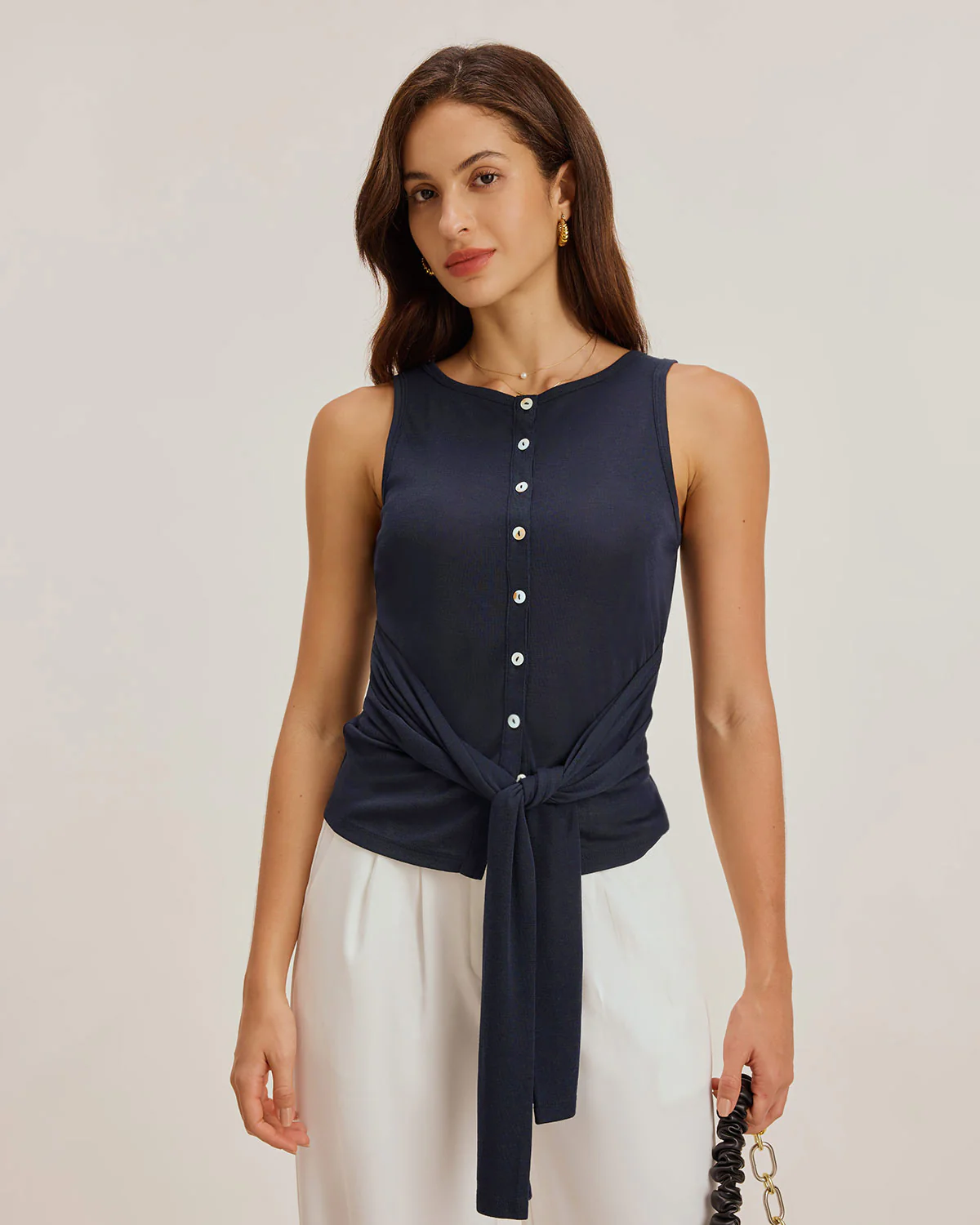 Blue Round Neck Button Tank Top - Image 6