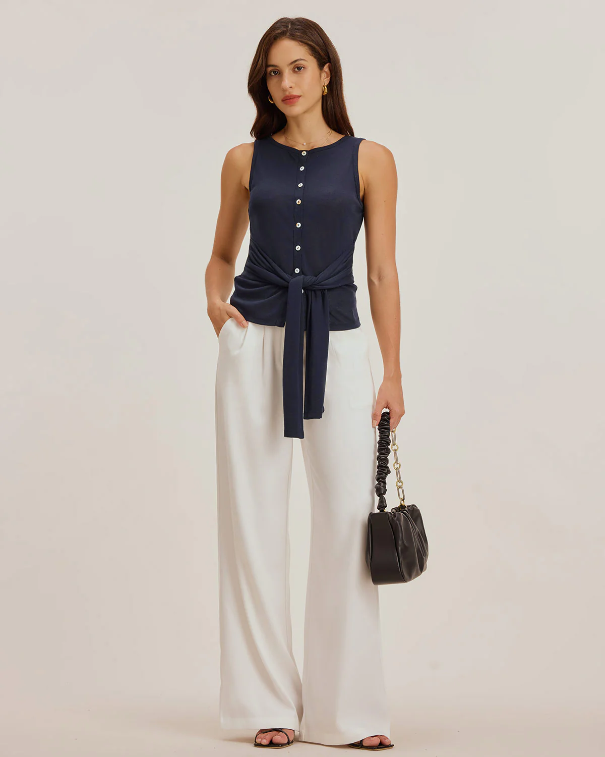 Blue Round Neck Button Tank Top - Image 7