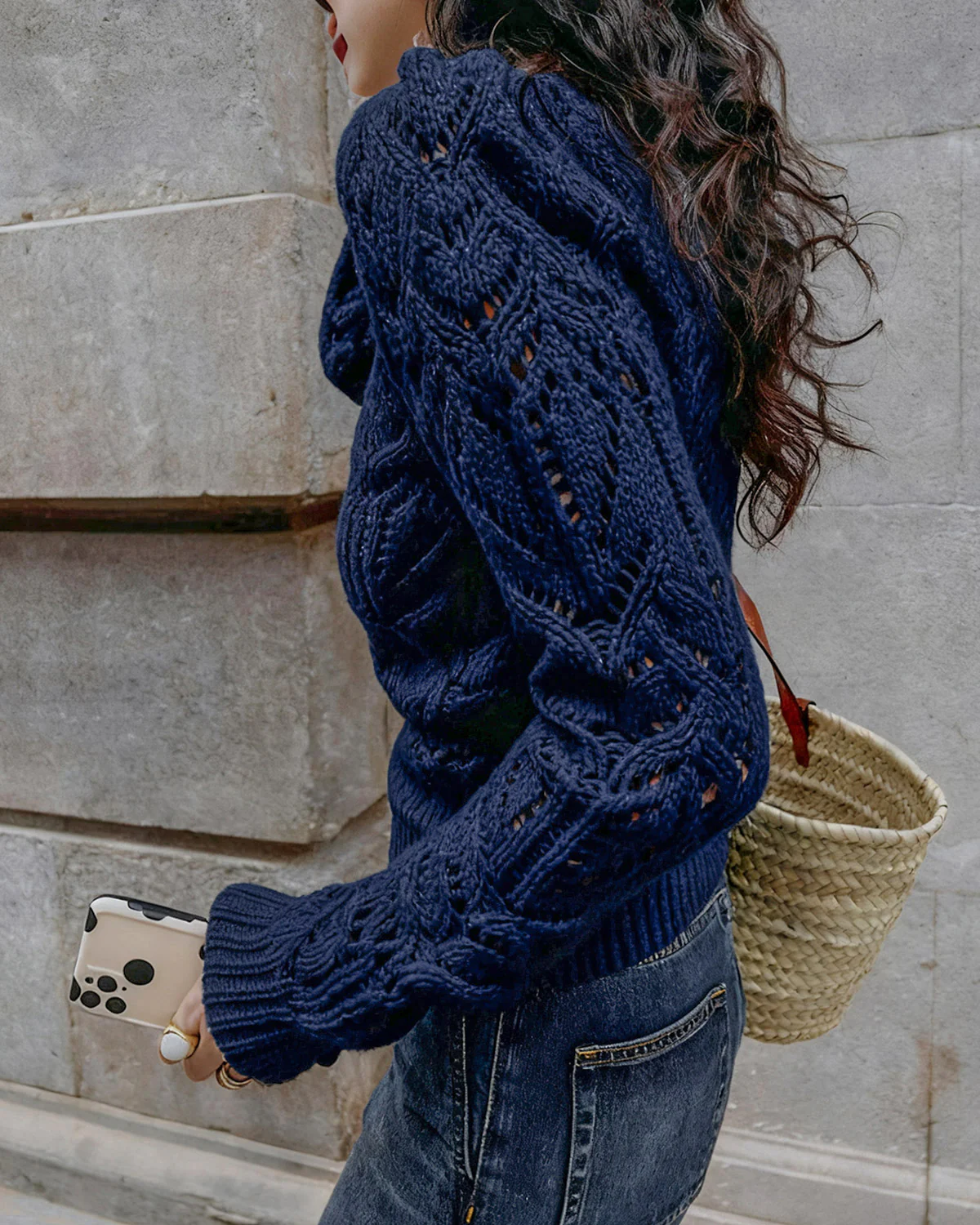 Blue Round Neck Cut Out Sweater - Image 3