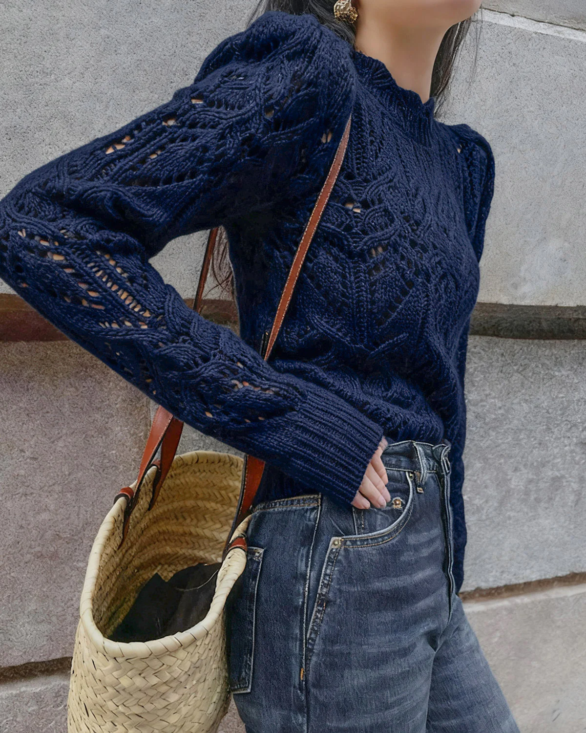 Blue Round Neck Cut Out Sweater - Image 4