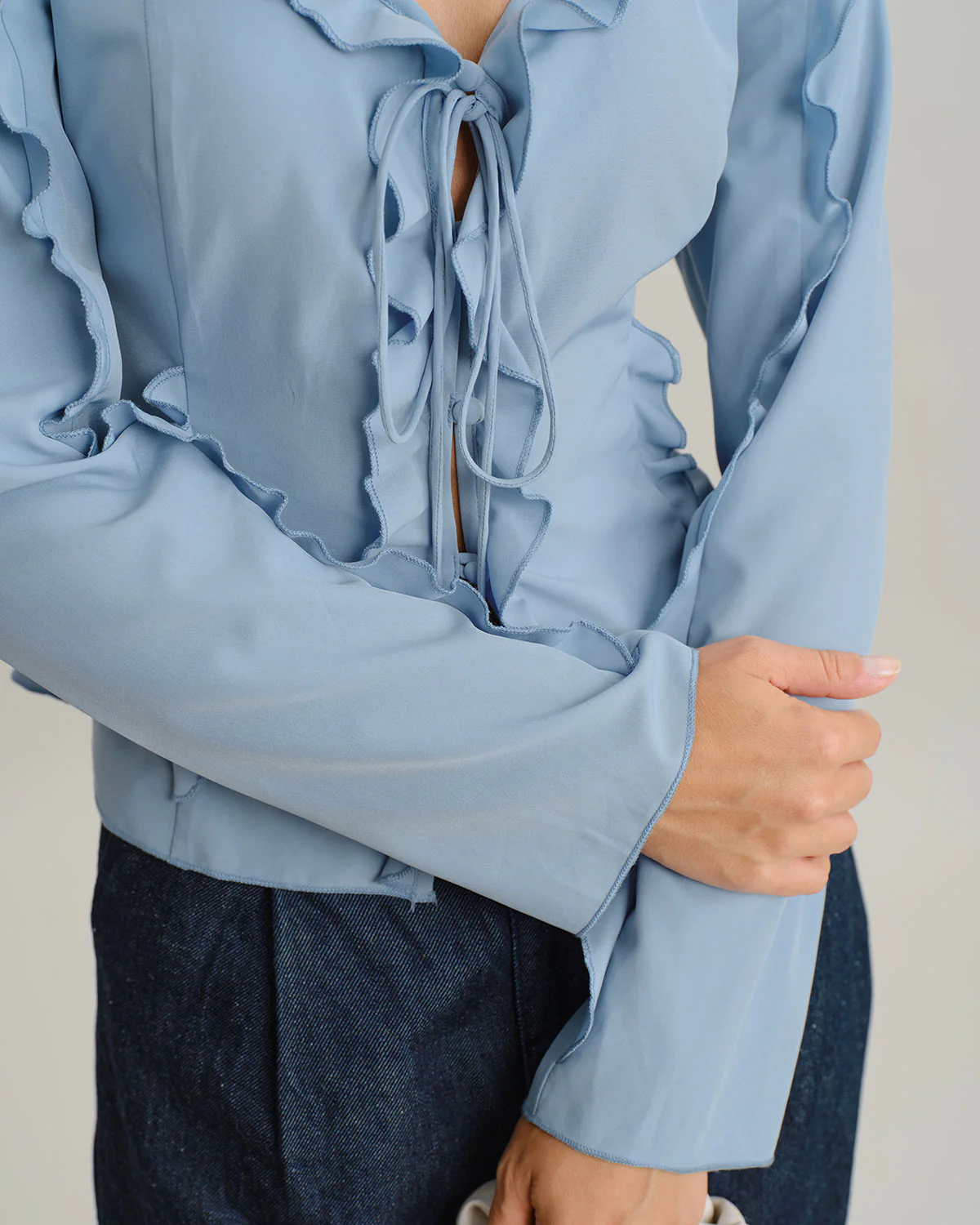 Blue Ruffle V Neck Button Blouse - Image 2