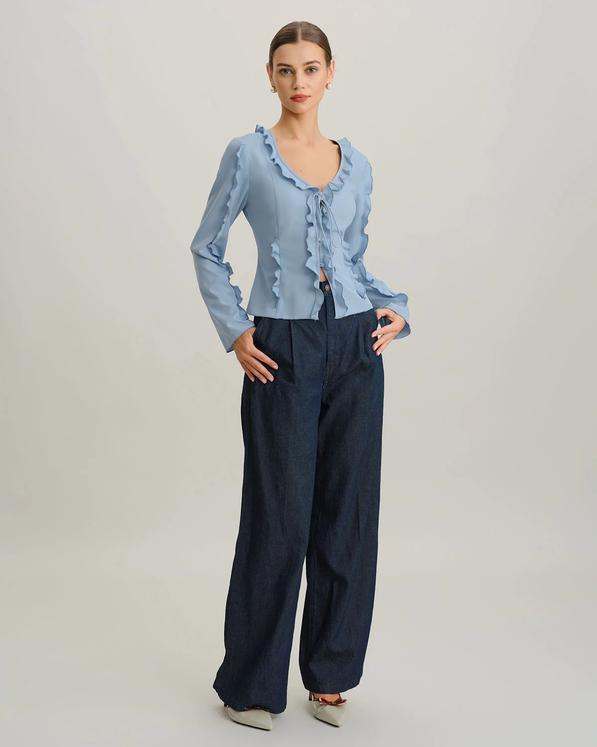 Blue Ruffle V Neck Button Blouse - Image 3