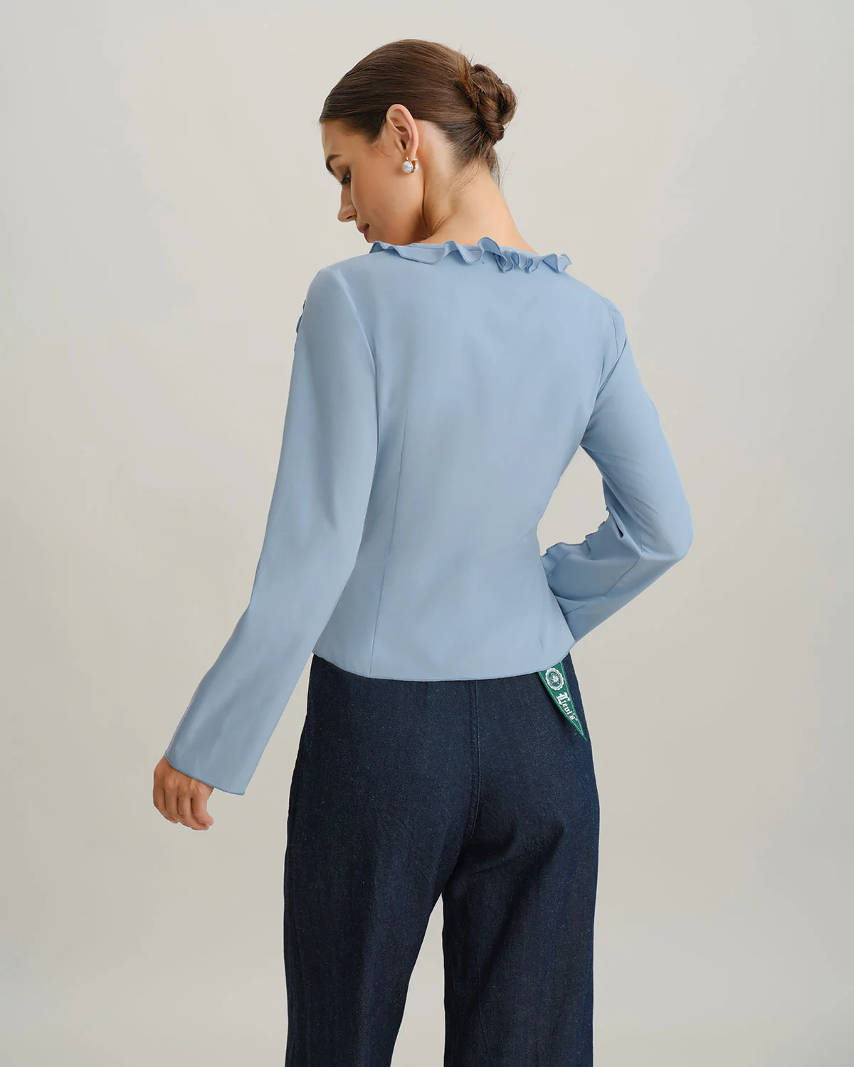 Blue Ruffle V Neck Button Blouse - Image 4