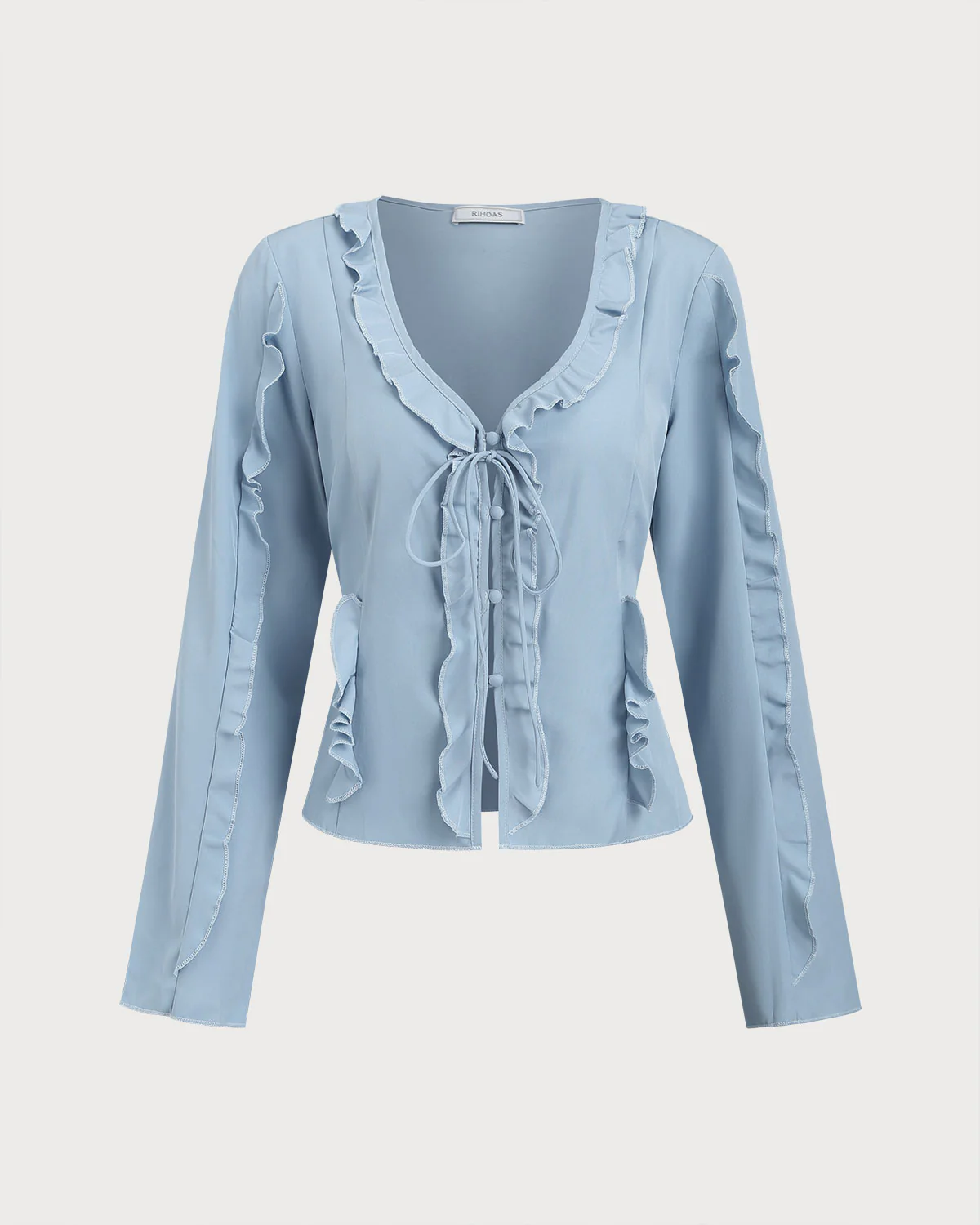 Blue Ruffle V Neck Button Blouse - Image 5