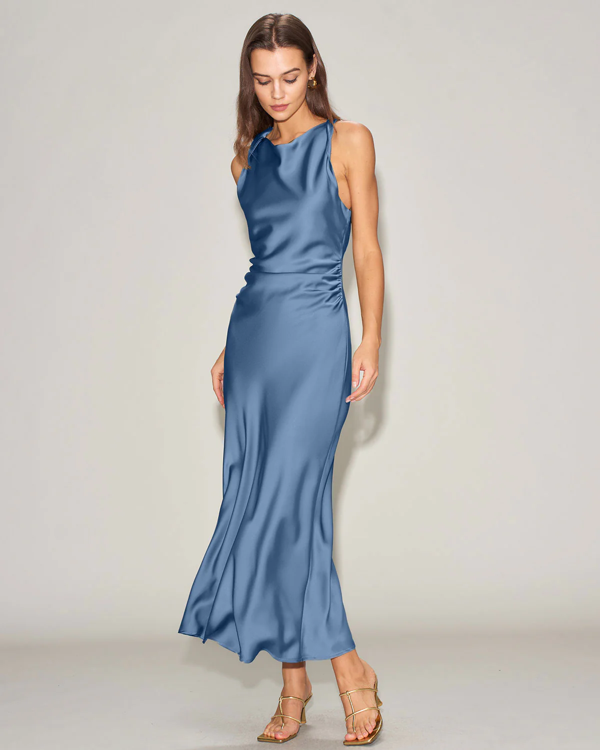 Blue Satin Boat Neck Slip Midi Dress - Image 4