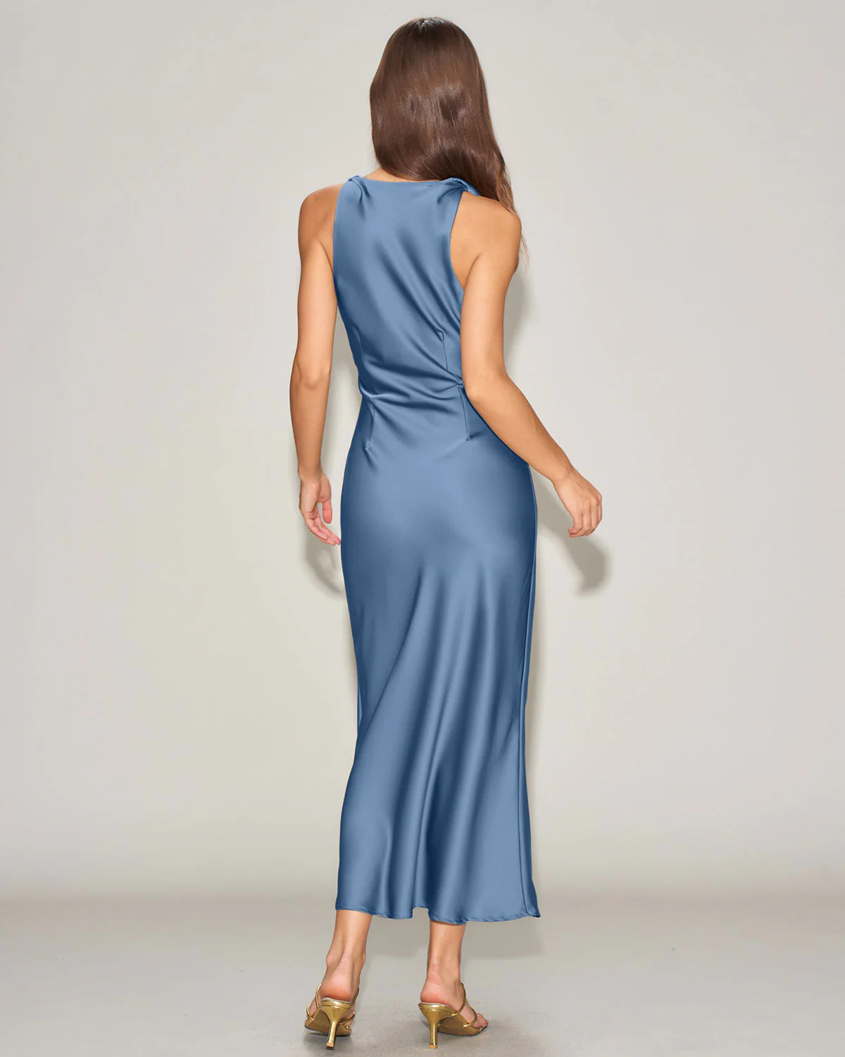 Blue Satin Boat Neck Slip Midi Dress - Image 5