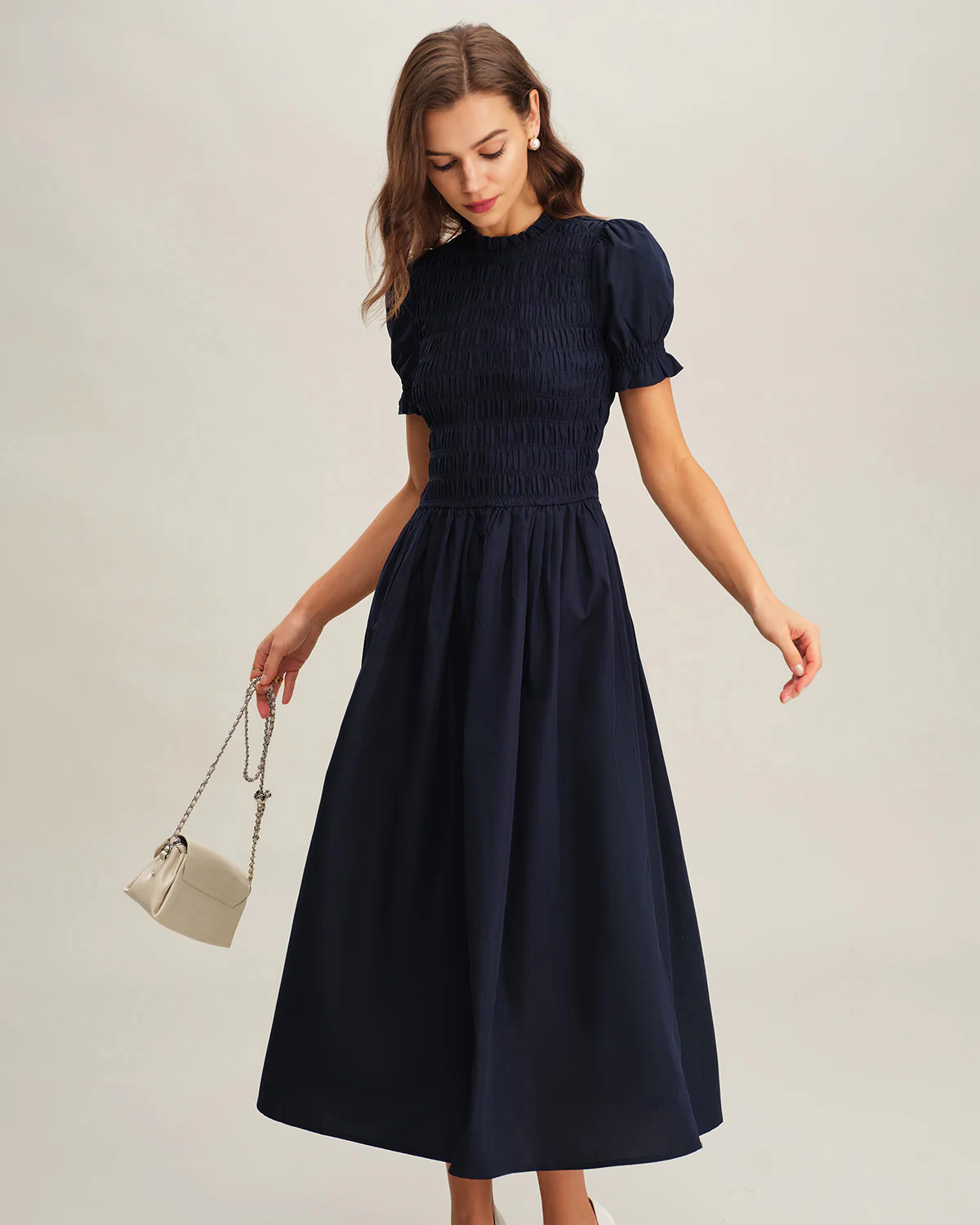 Blue Shirred A-Line Midi Dress - Image 3