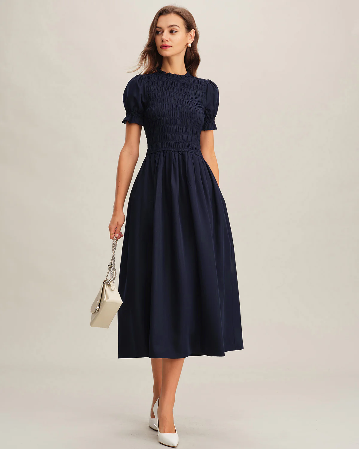 Blue Shirred A-Line Midi Dress - Image 4