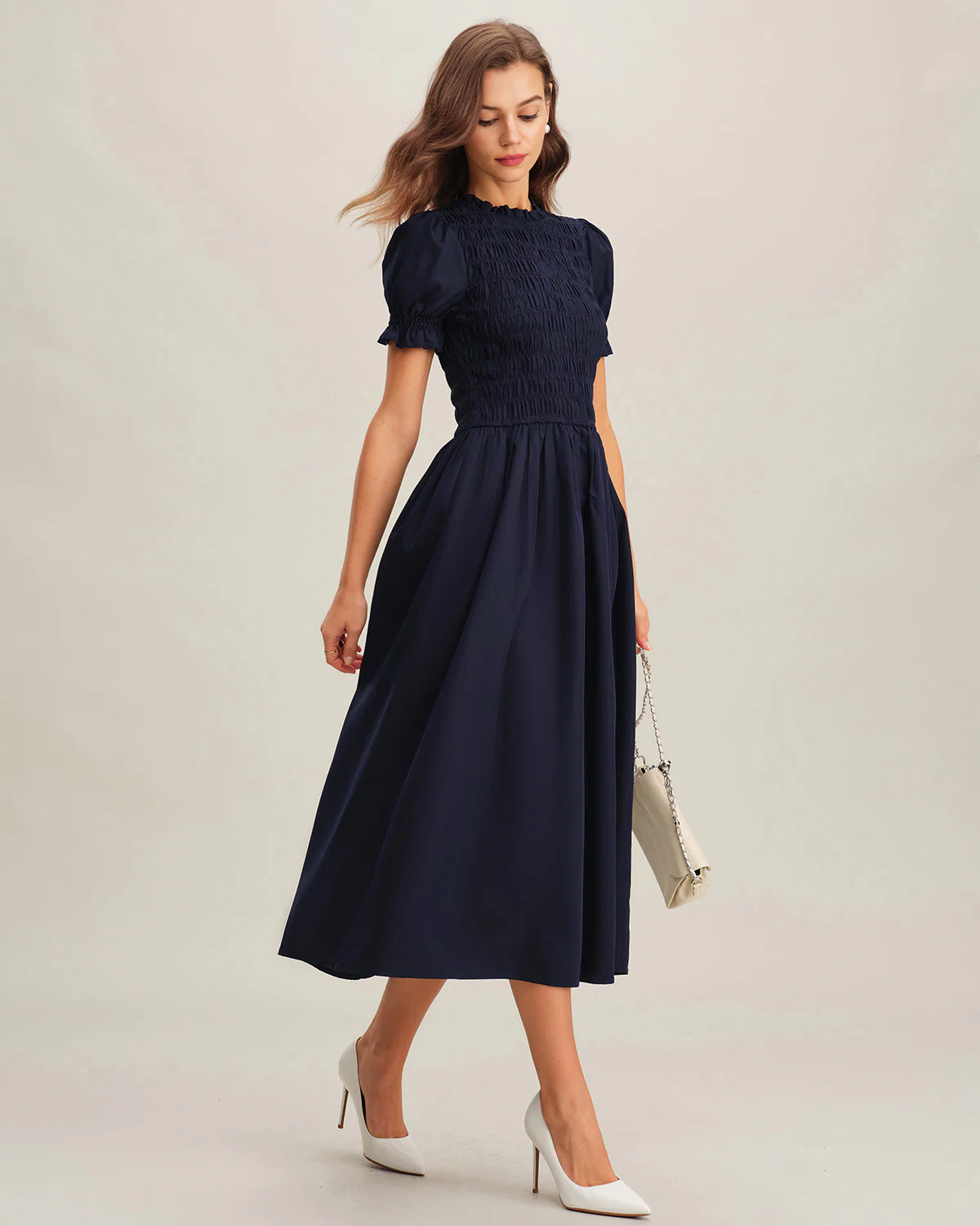 Blue Shirred A-Line Midi Dress - Image 5