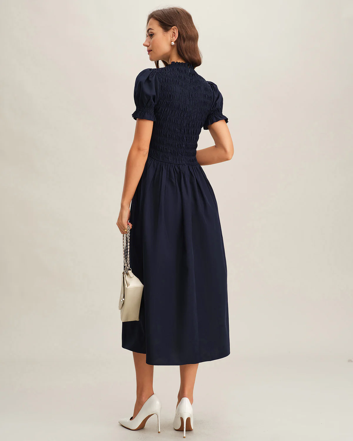 Blue Shirred A-Line Midi Dress - Image 6