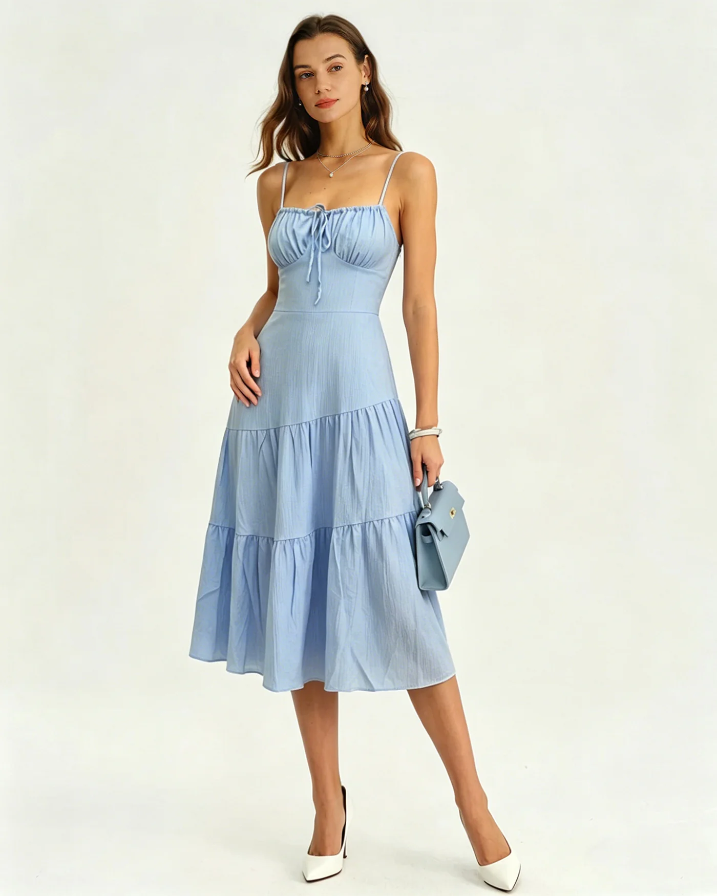Blue Shirred Slip A-Line Midi Dress - Image 3