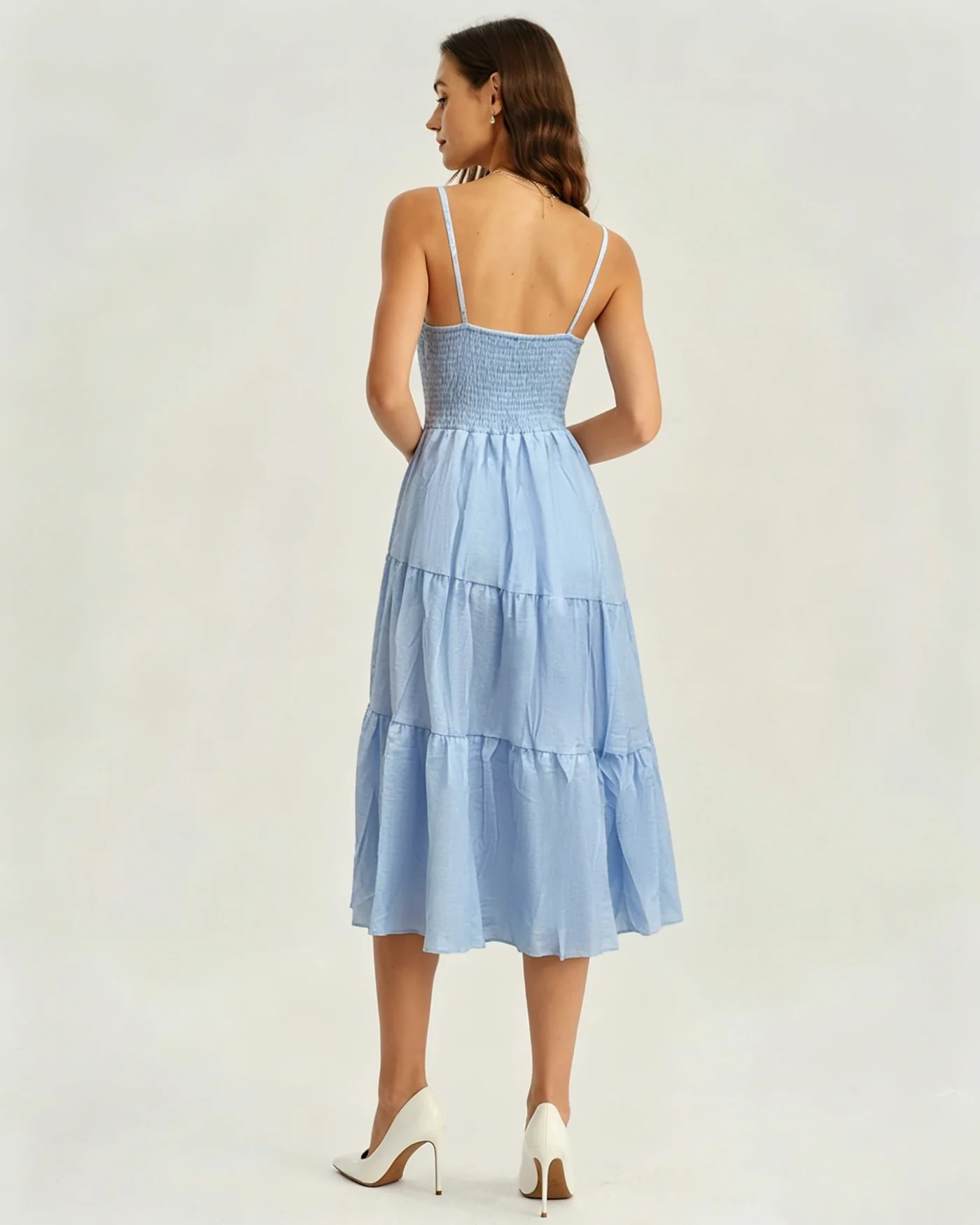 Blue Shirred Slip A-Line Midi Dress - Image 4