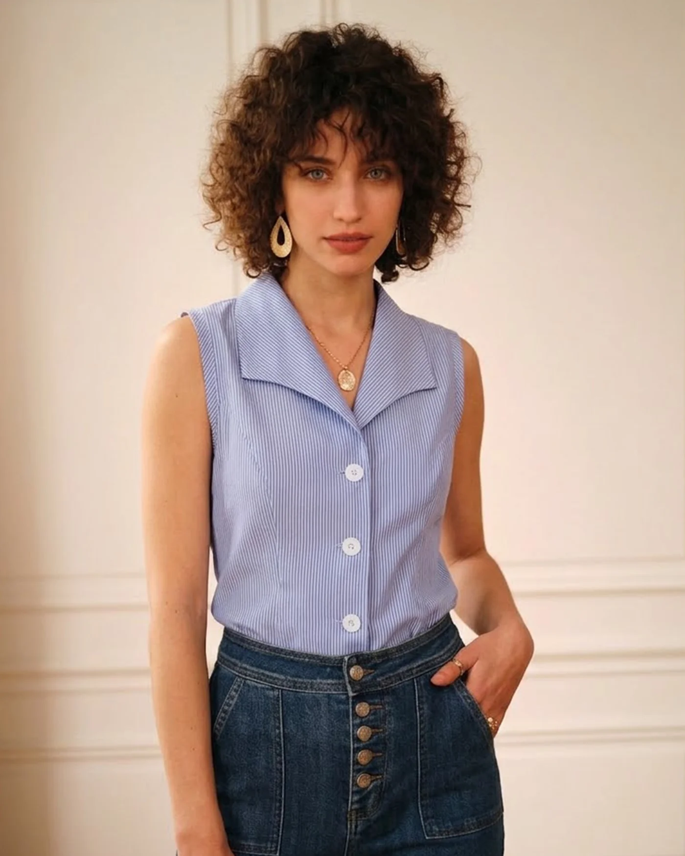 Blue Single Breasted Collar Striped Vest - Image 4