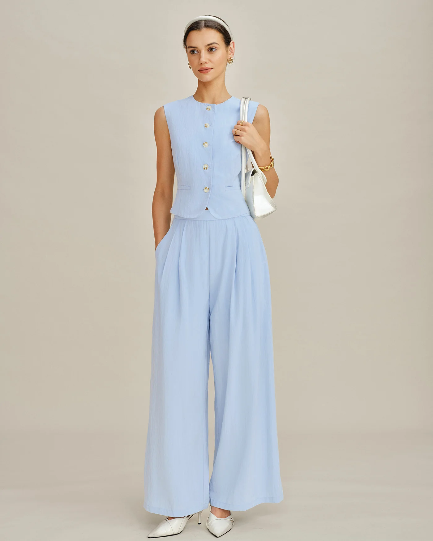 Blue Solid Pockets Straight Pants - Image 2