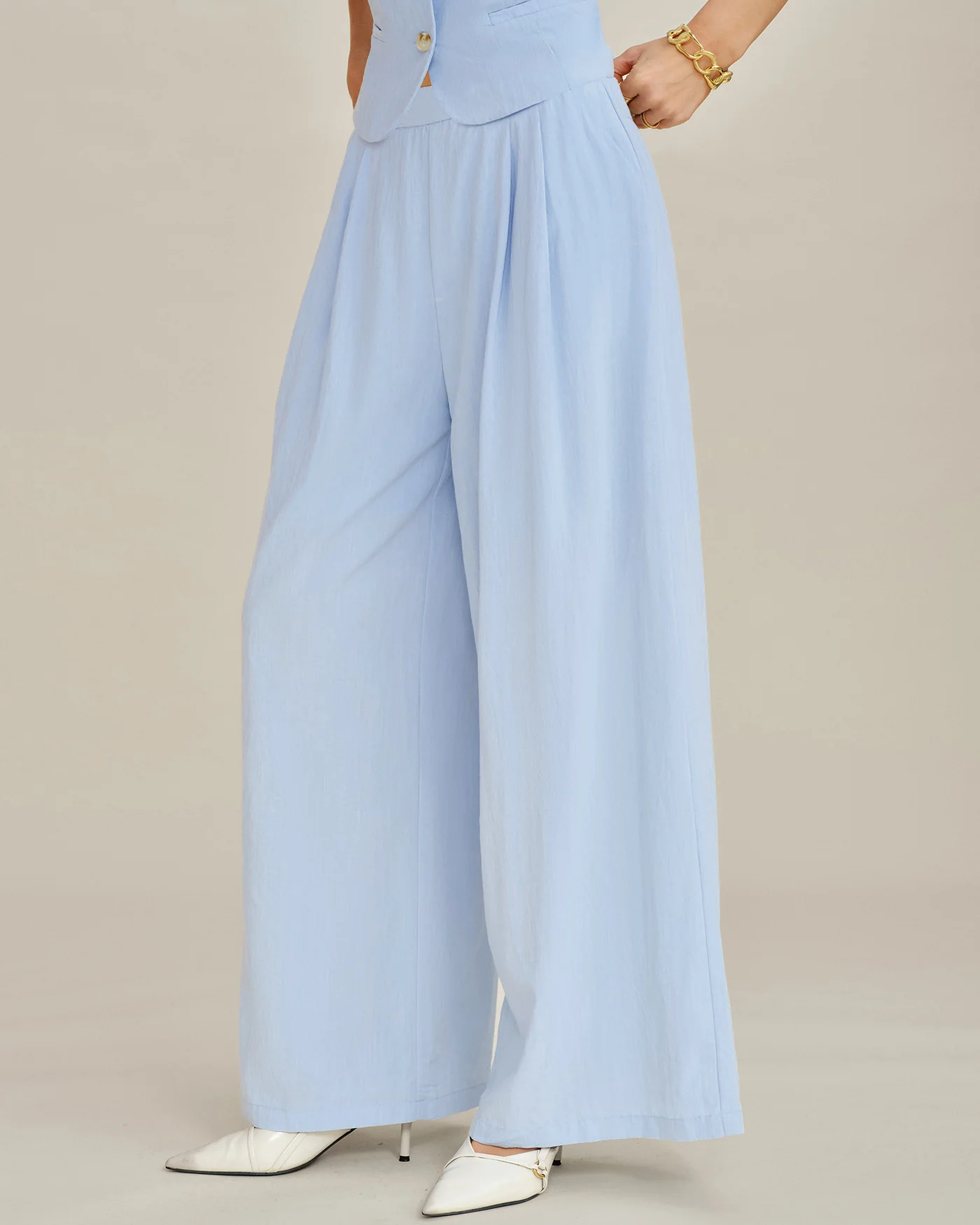 Blue Solid Pockets Straight Pants - Image 4