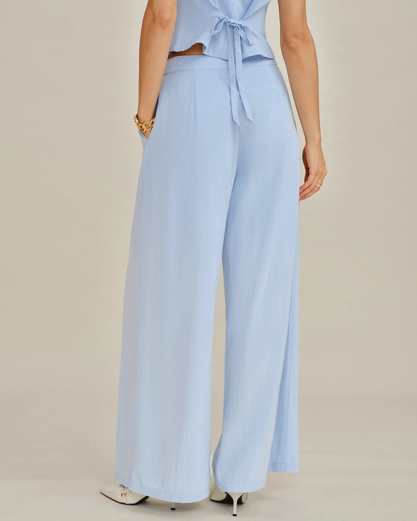 Blue Solid Pockets Straight Pants - Image 5