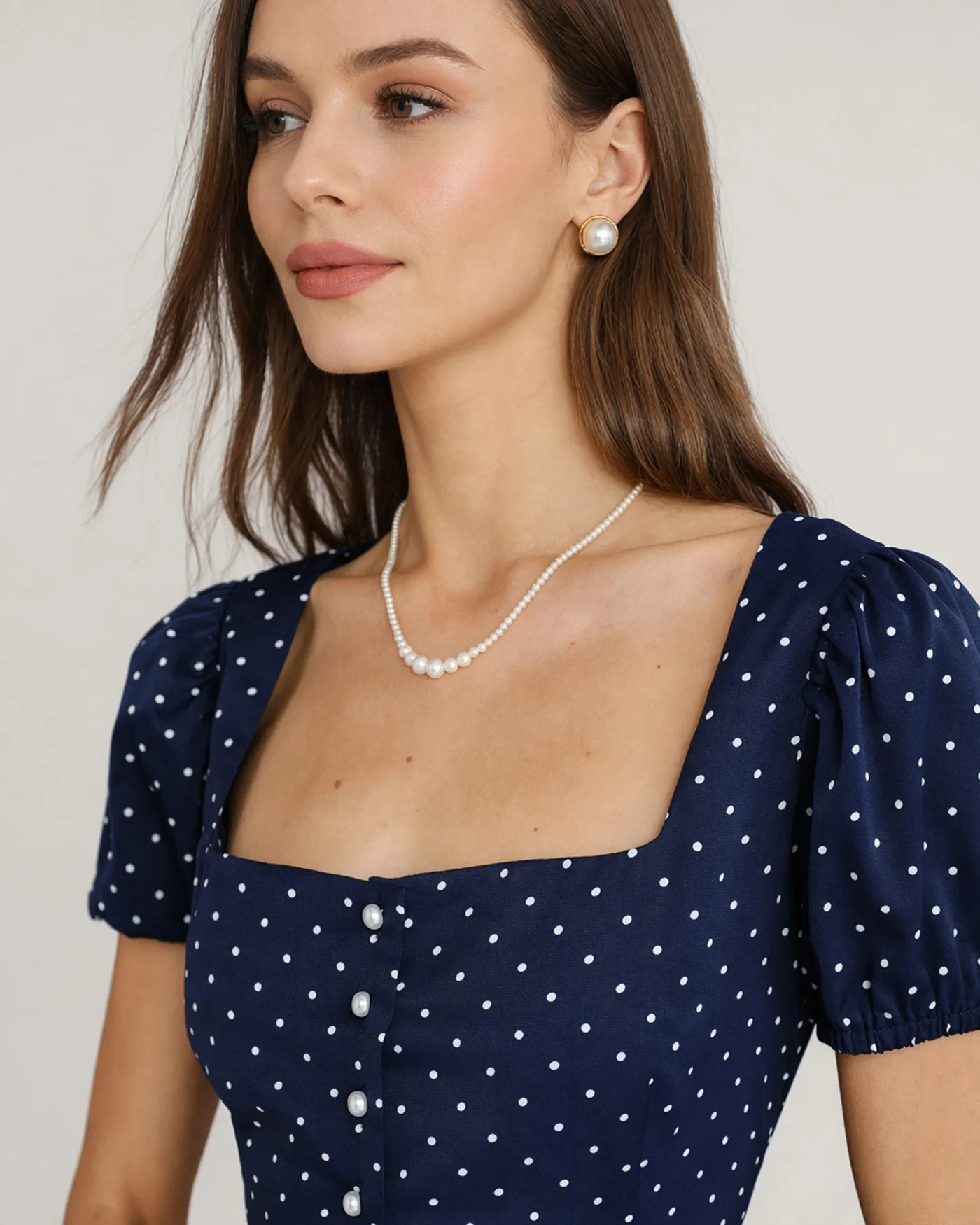 Blue Square Neck Polka Dot Blouse - Image 2